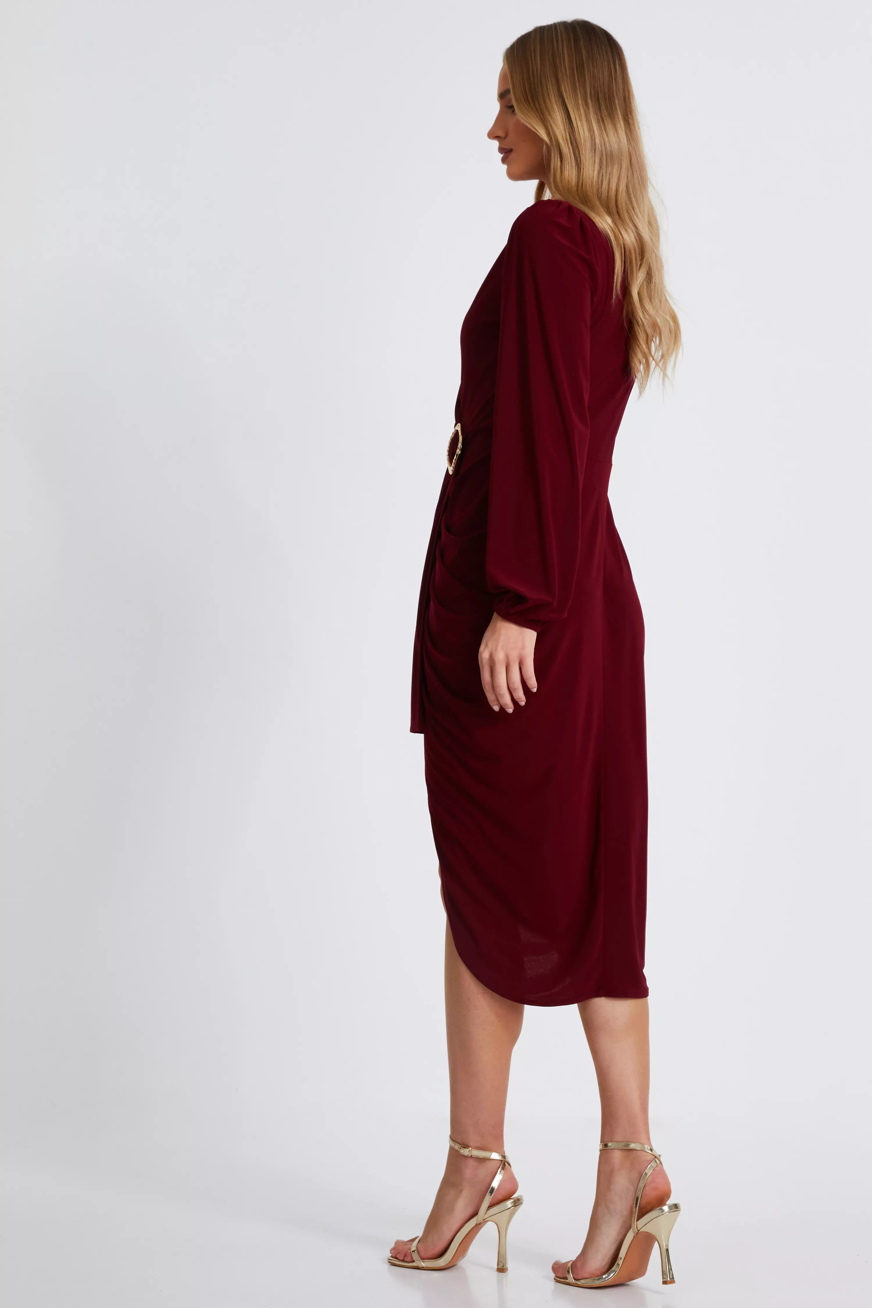 Dark Red Buckle Detail Midi Dress