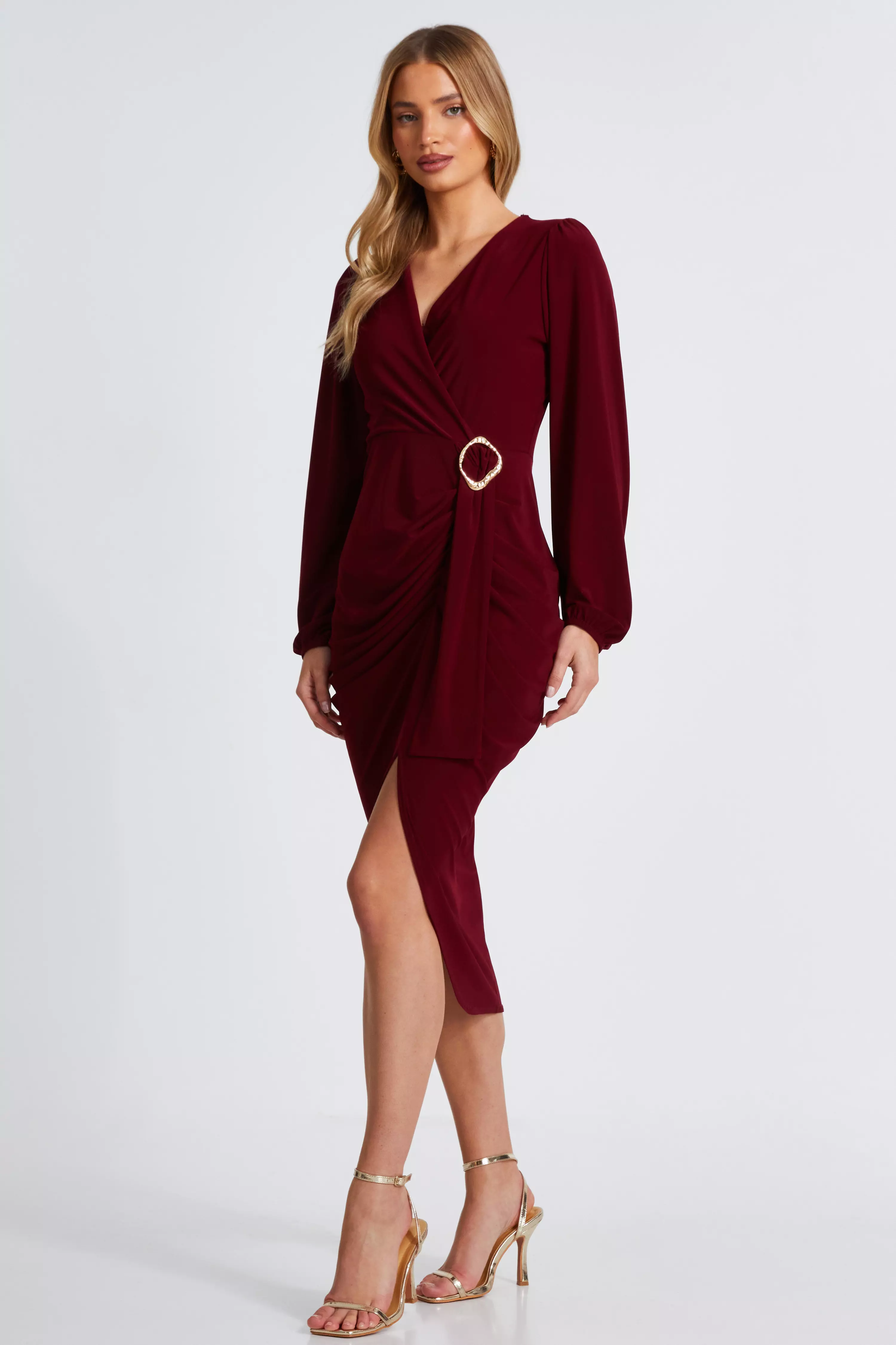 Dark Red Buckle Detail Midi Dress