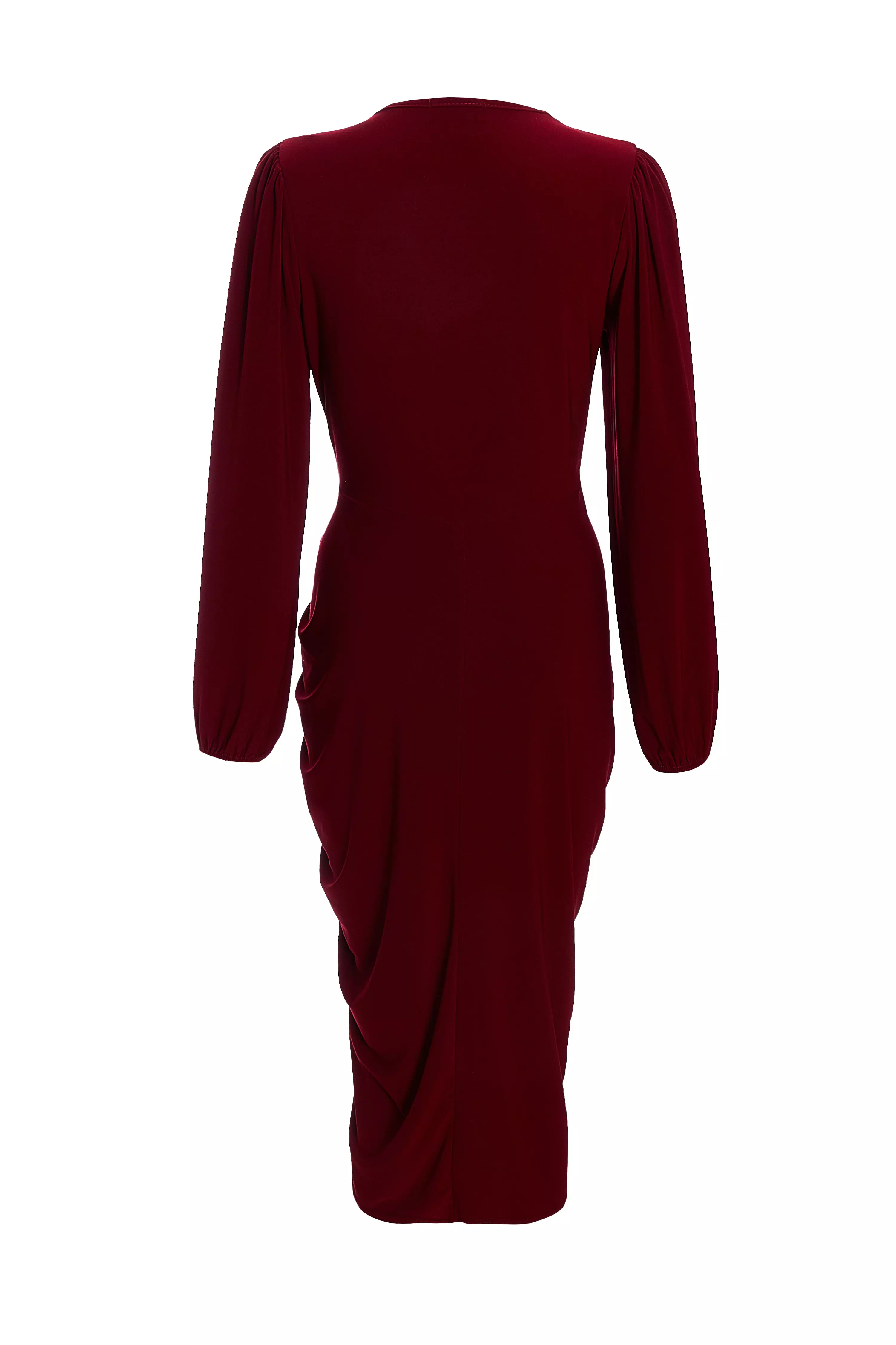 Dark Red Buckle Detail Midi Dress