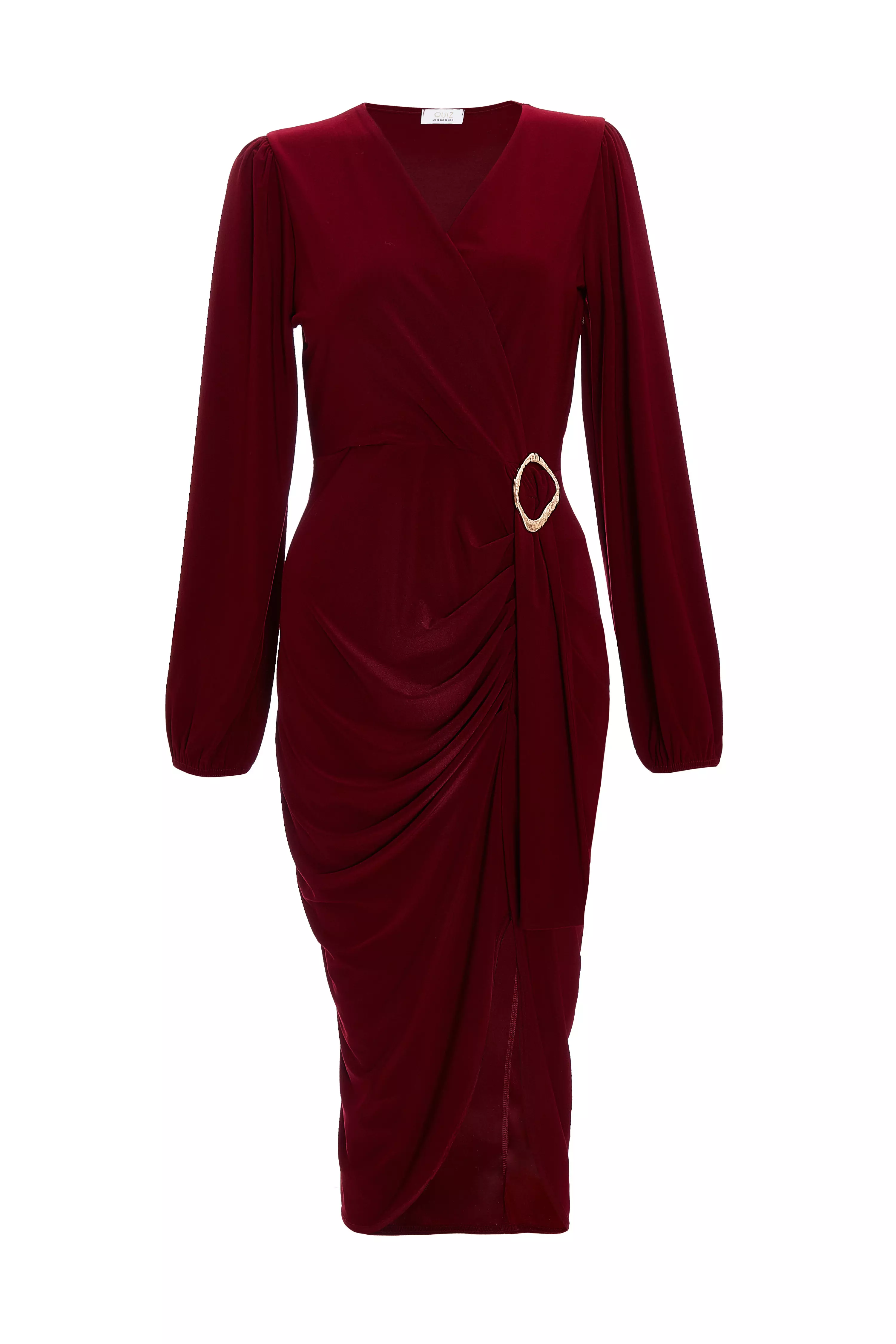 Dark Red Buckle Detail Midi Dress