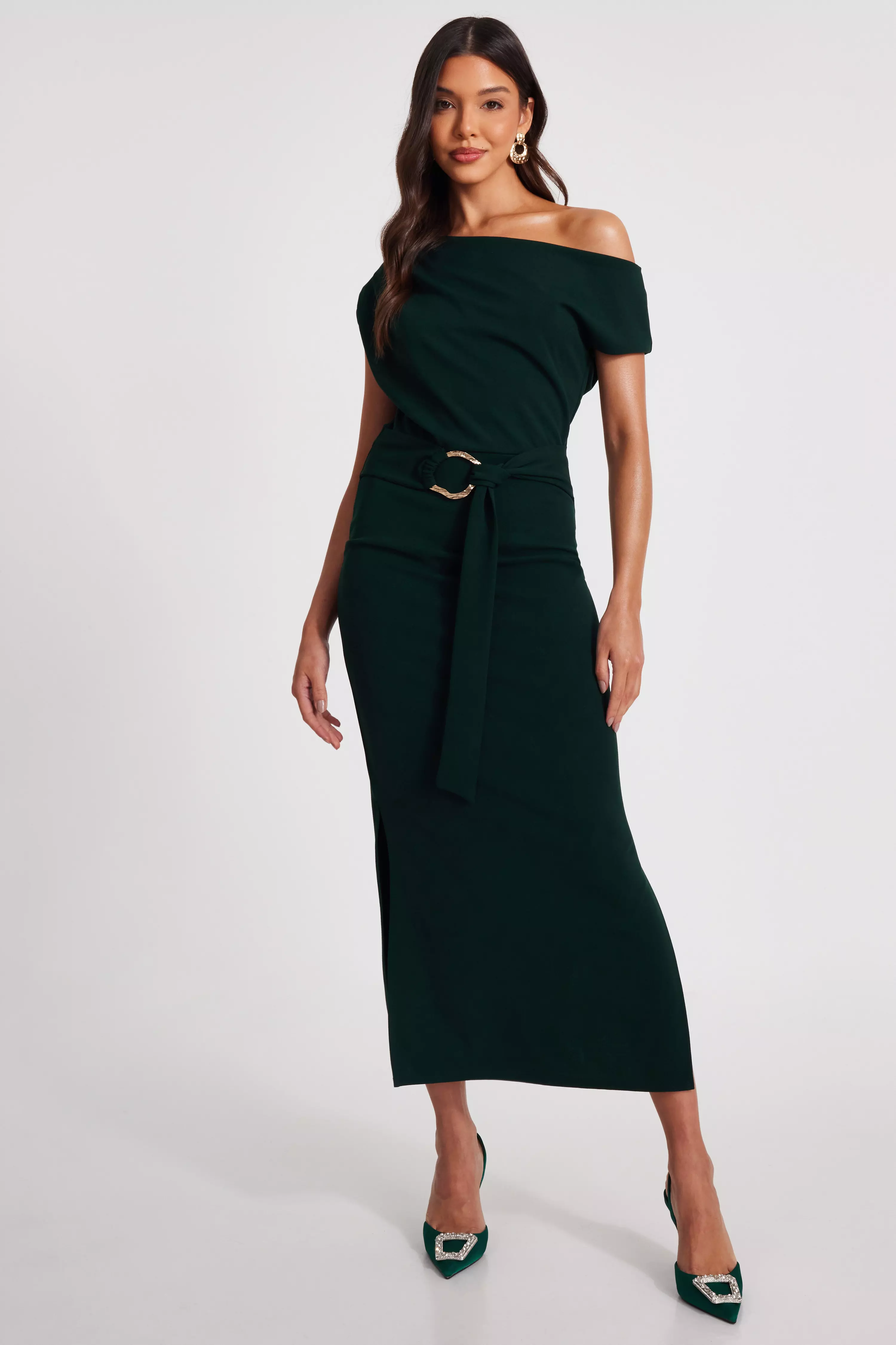 Bottle Green Asymmetric Tie Belt Midaxi Dress