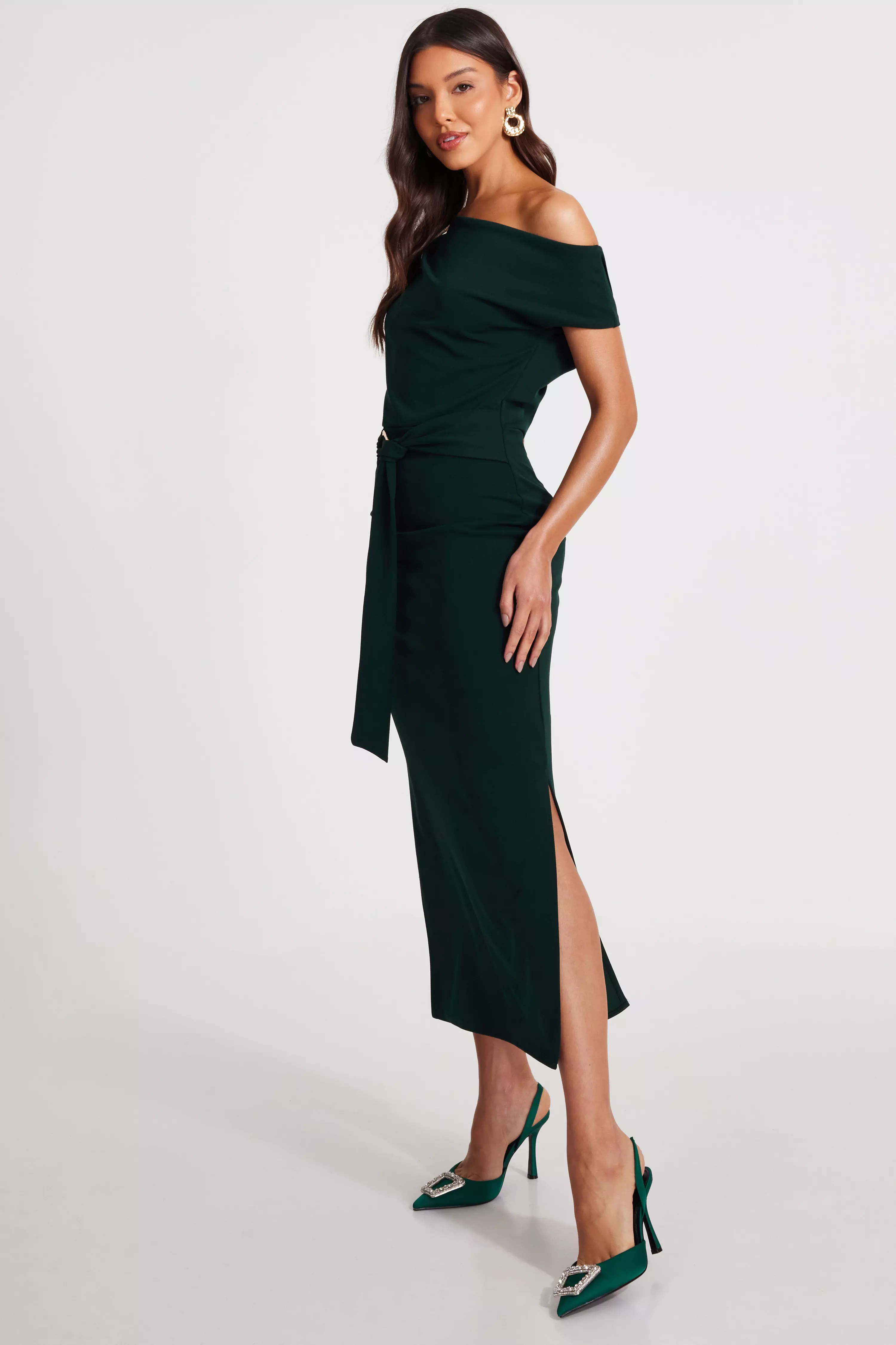 Bottle Green Asymmetric Tie Belt Midaxi Dress