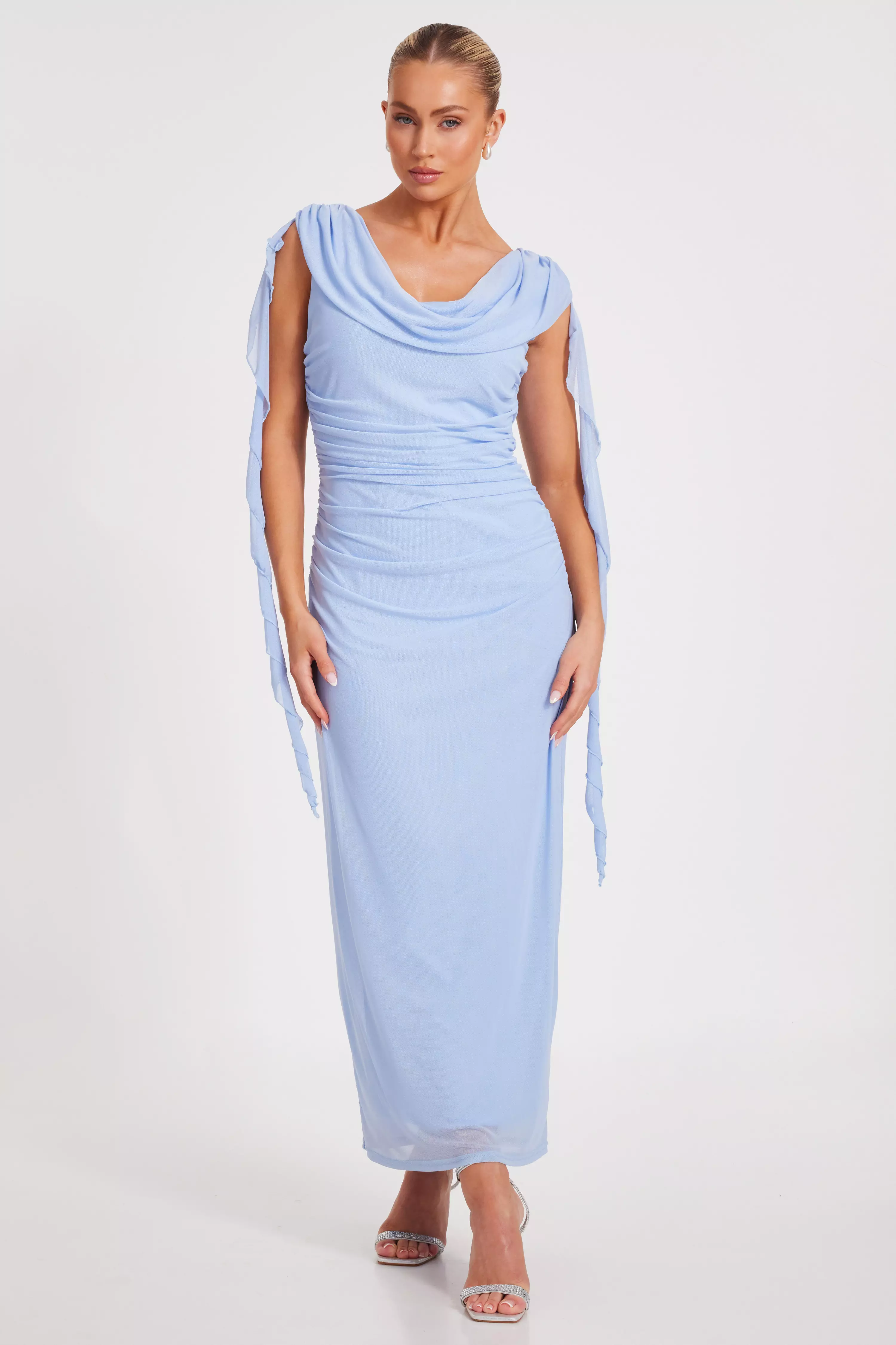 Pale Blue Mesh Cowl Midaxi Dress