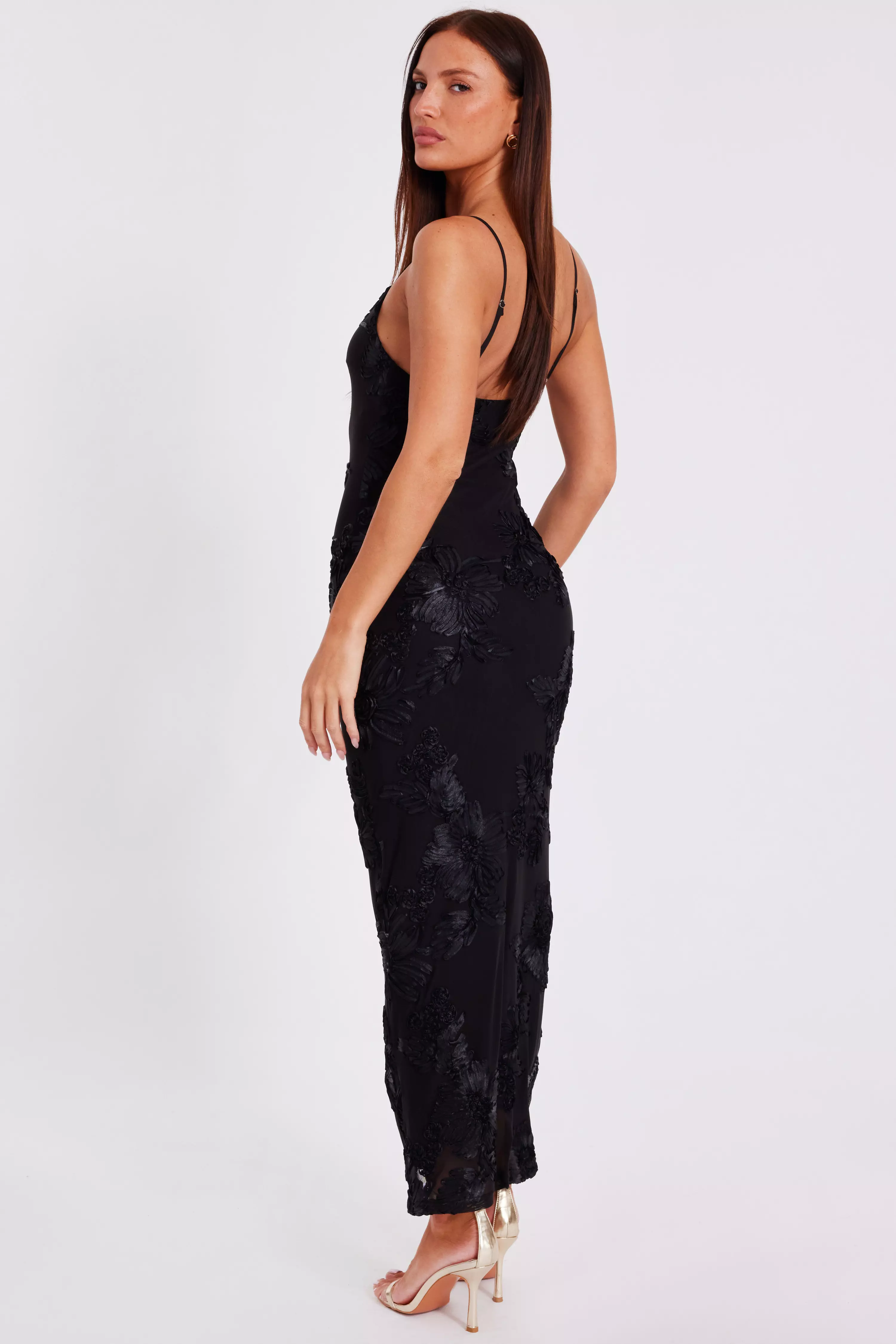 Black Floral Applique Midaxi Dress