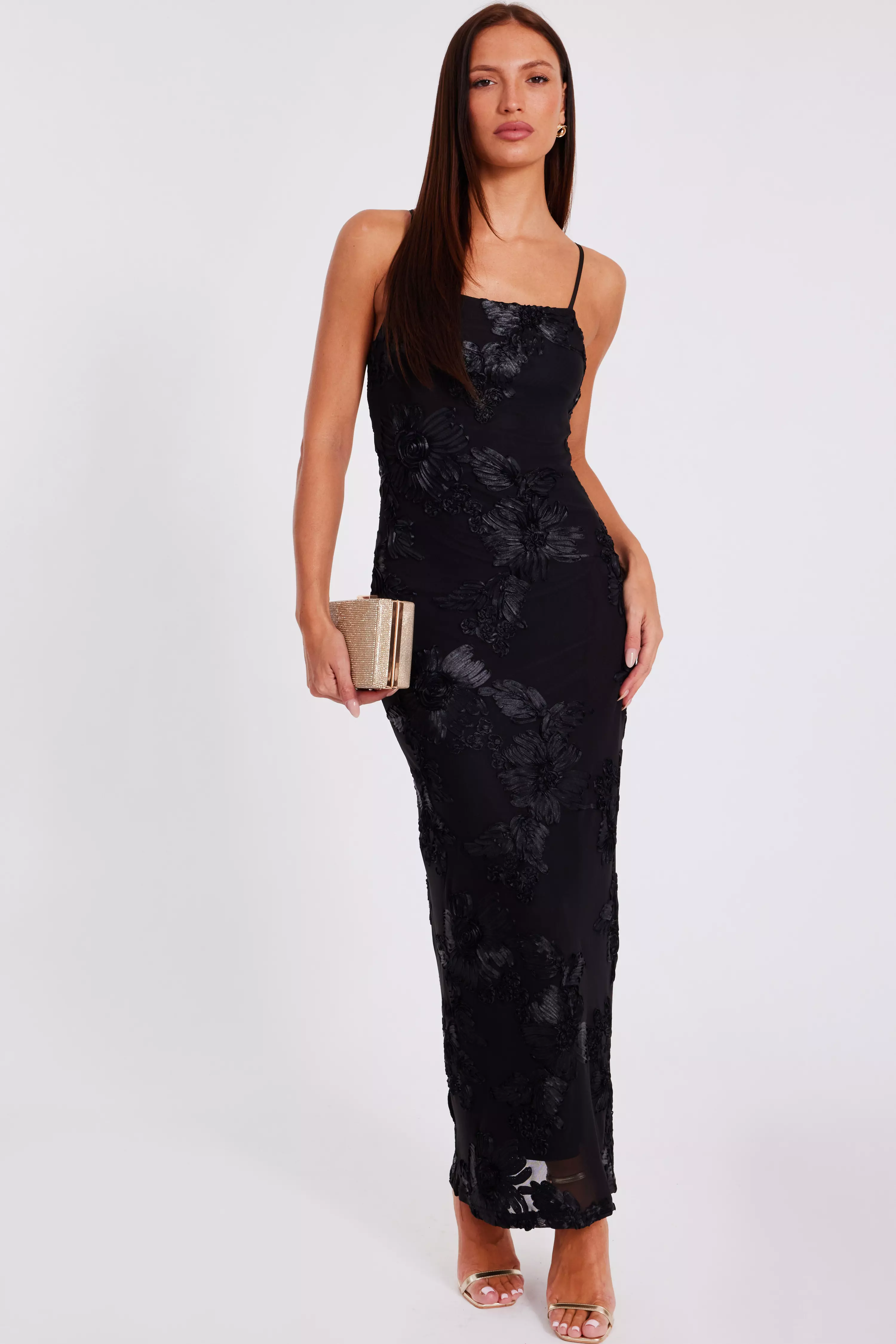 Black Floral Applique Midaxi Dress