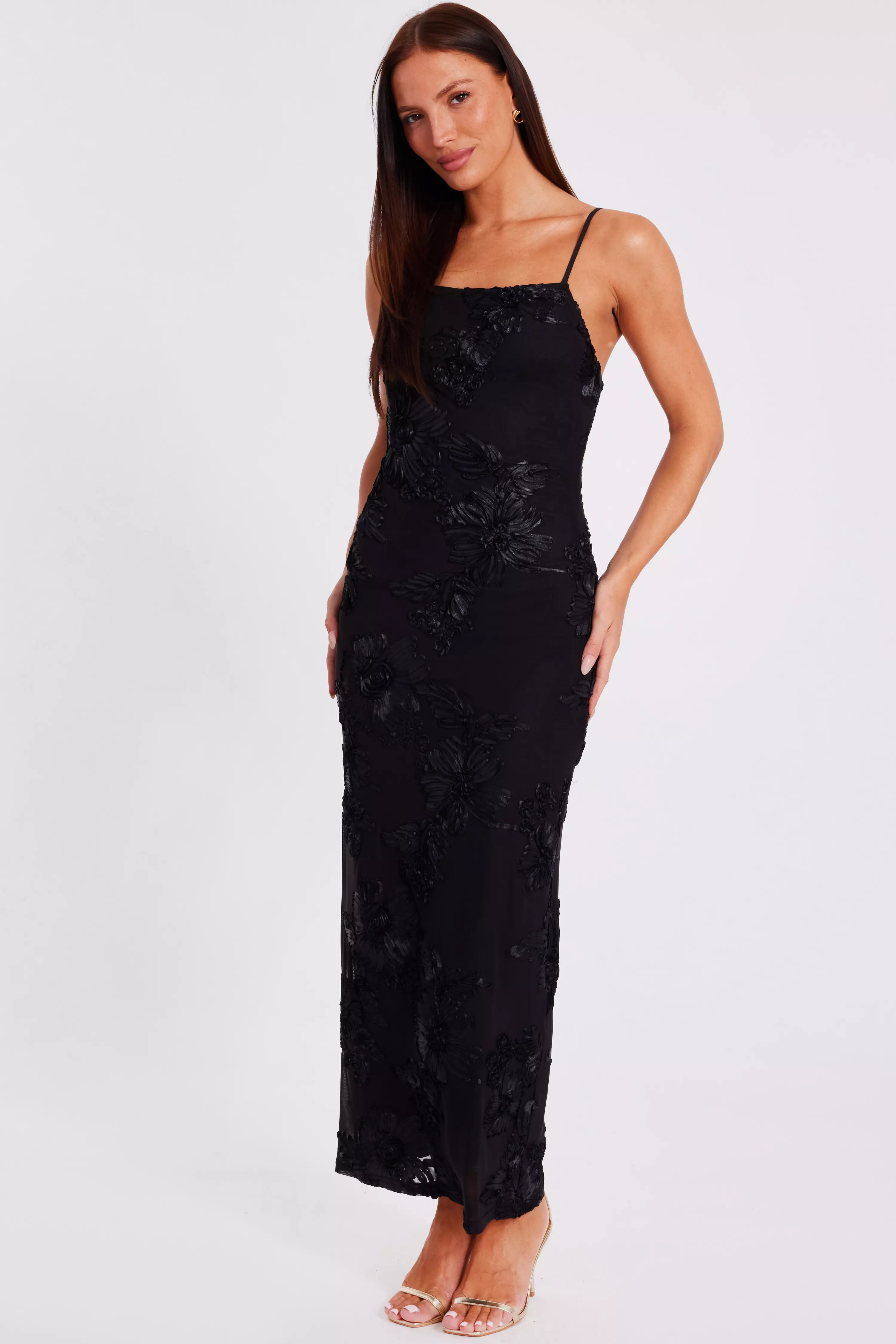 Black Floral Applique Midaxi Dress