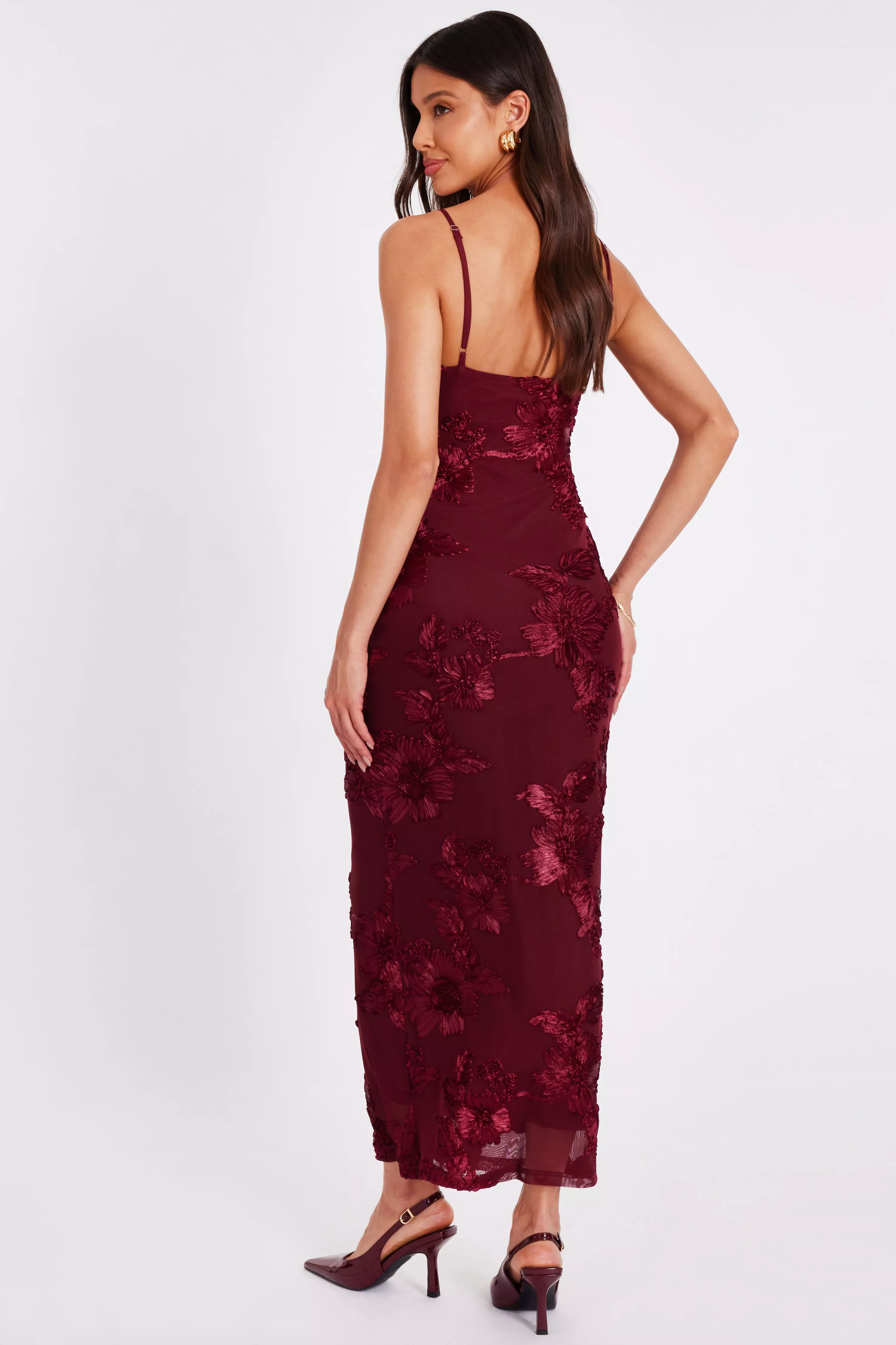 Dark Red Floral Applique Midaxi Dress