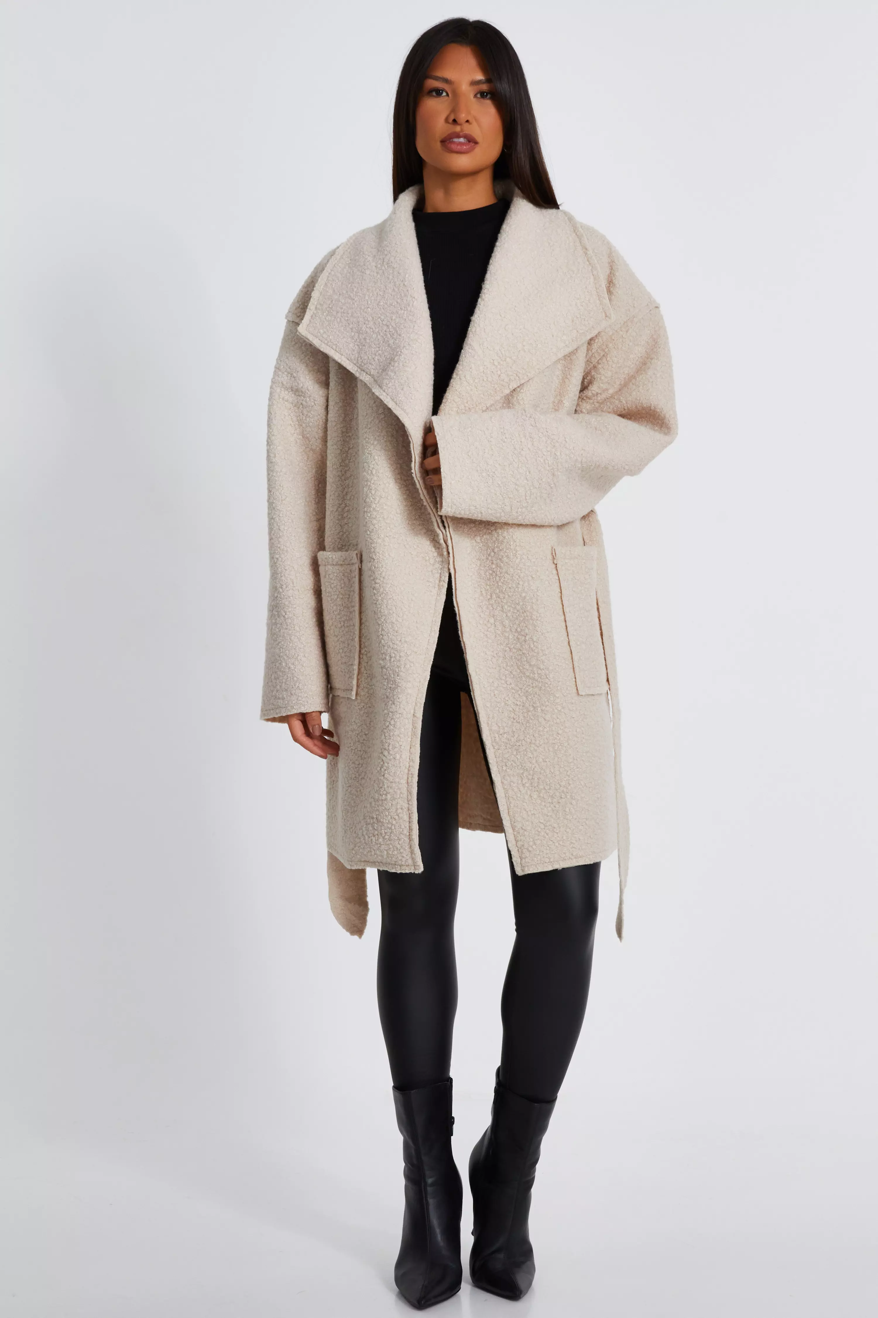 Stone Boucle Tie Belt Coat 