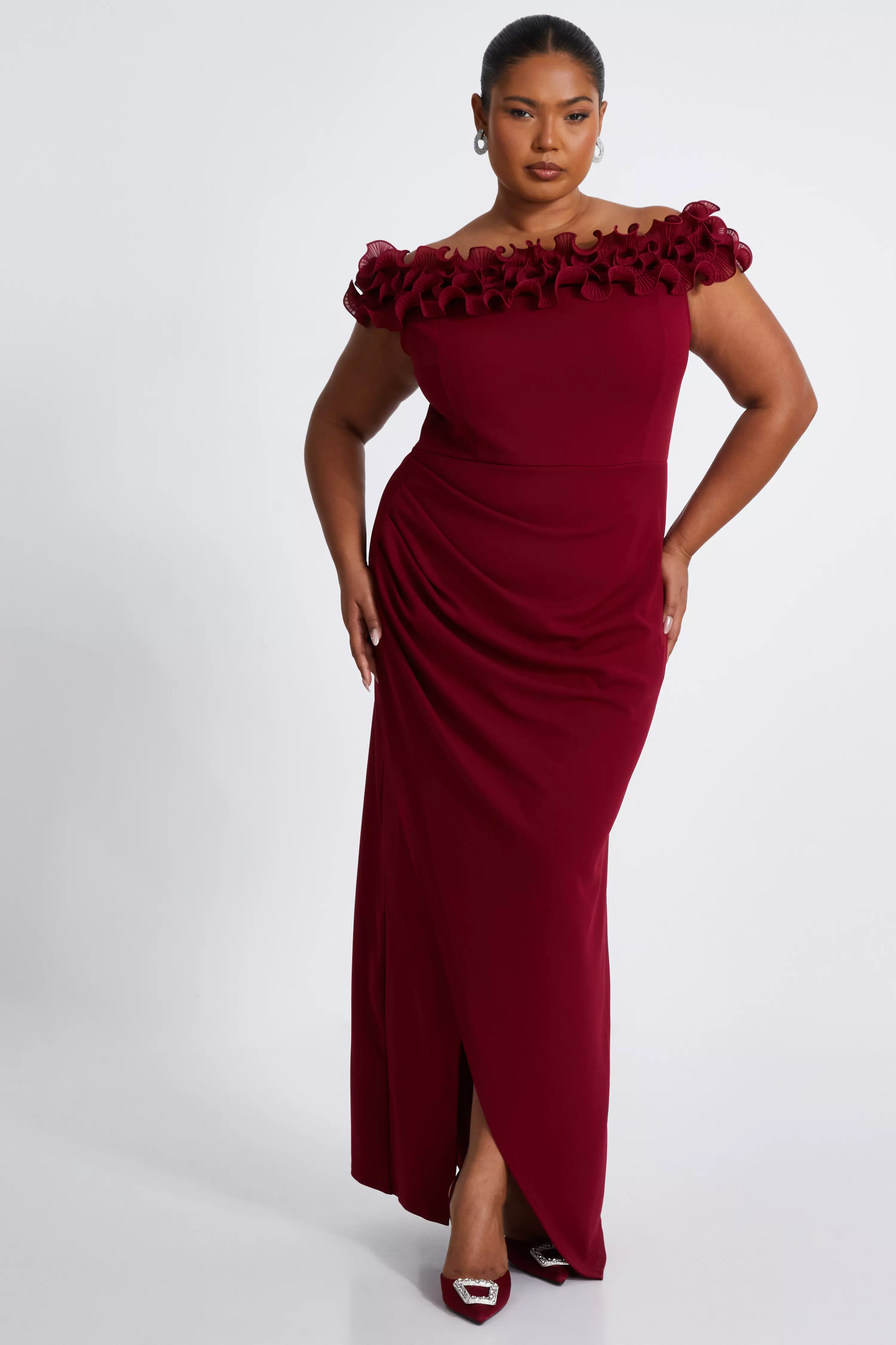 Curve Dark Red Bardot Maxi Dress