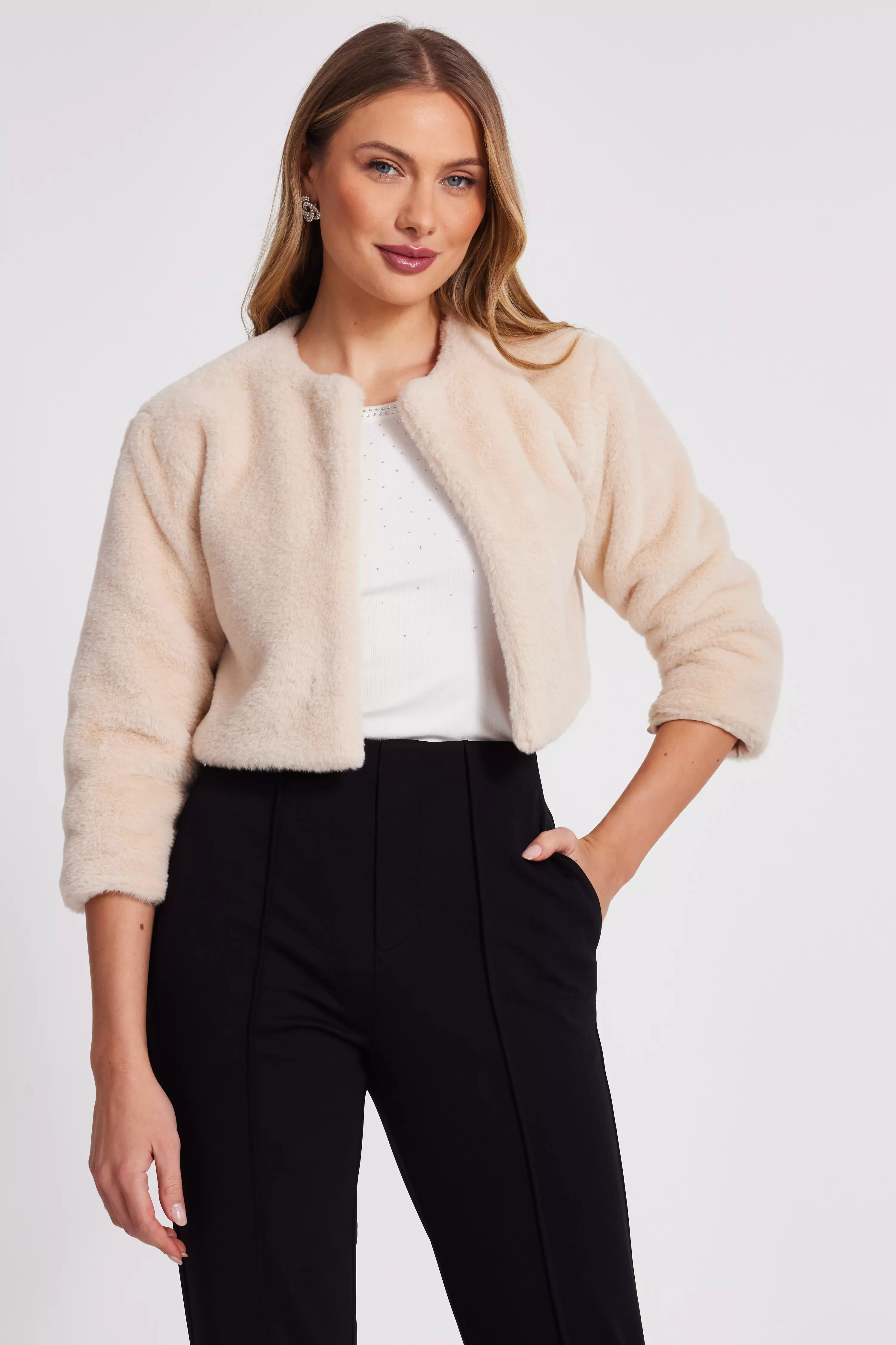 Beige Faux Fur Crop Sleeve Cape