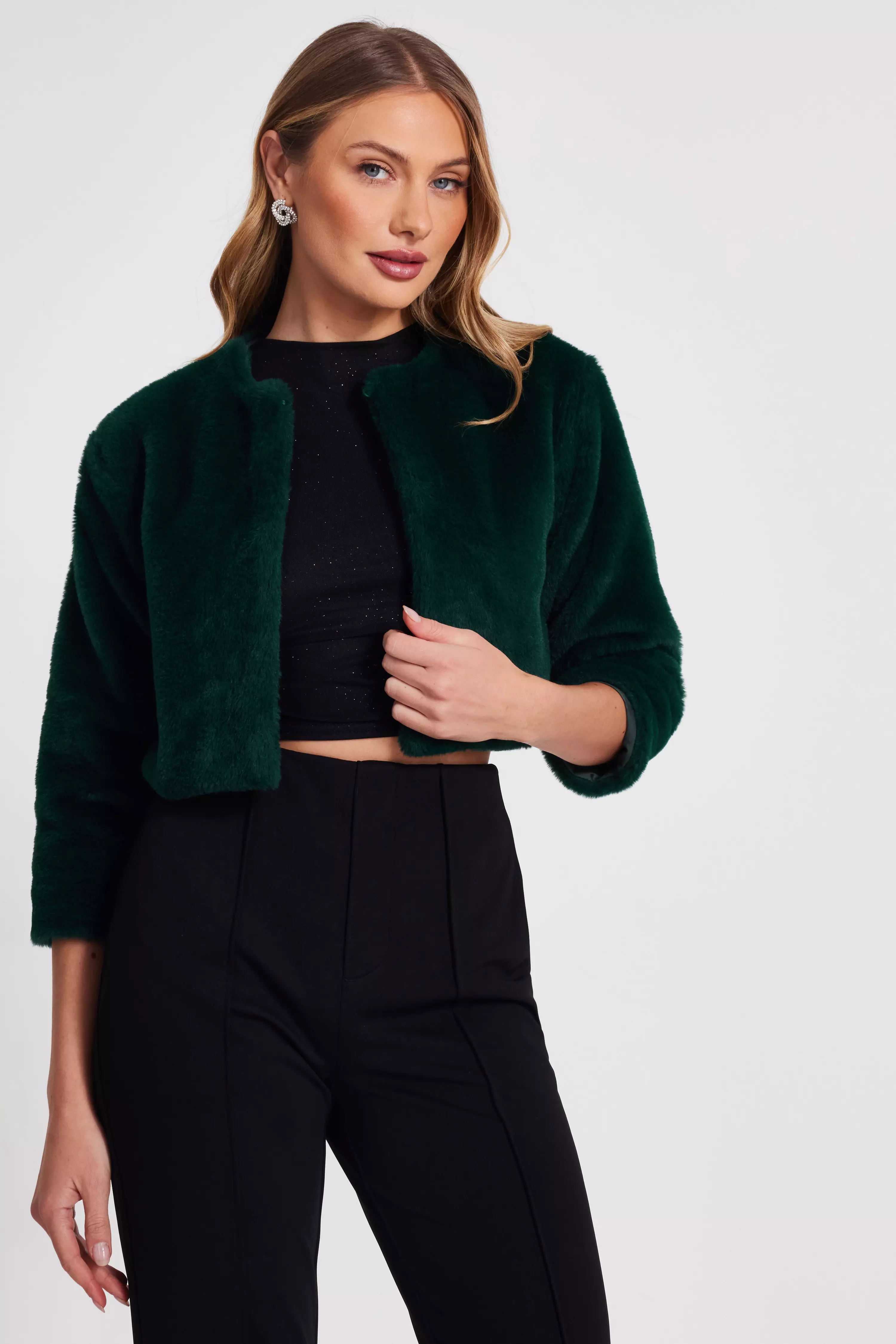 Green Faux Fur Long Sleeve Cape