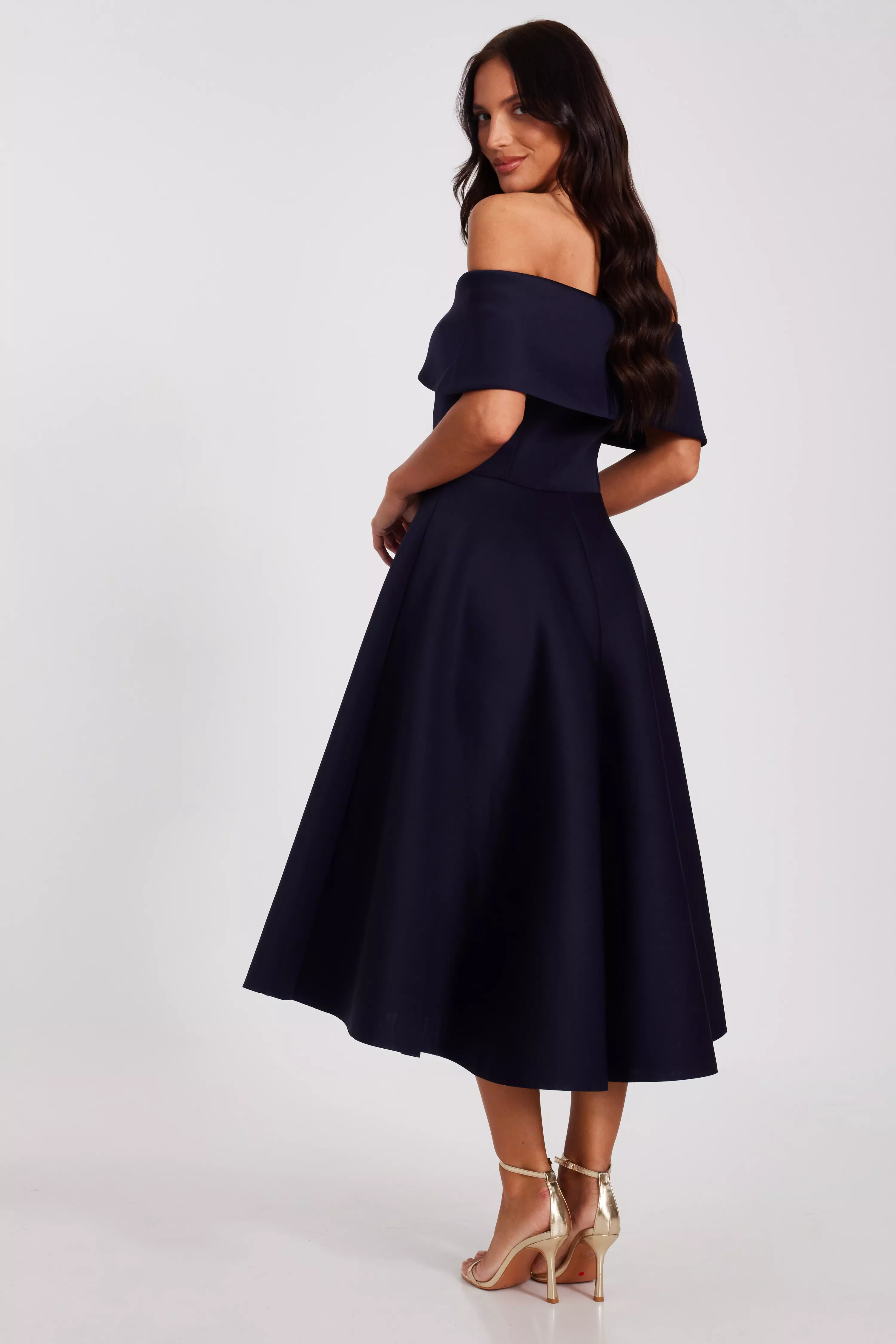 Navy Bardot Bow Skater Dress