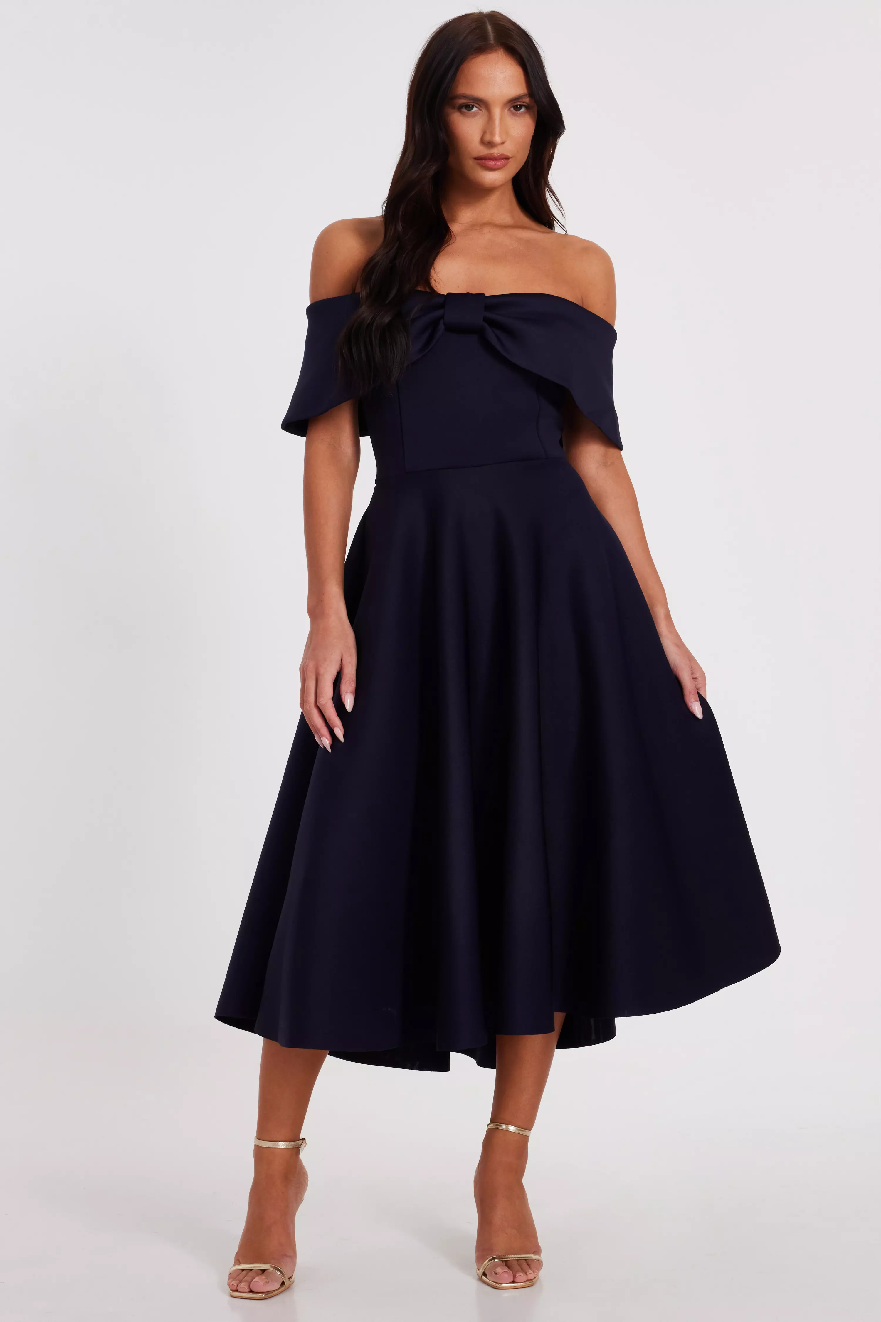 Navy Bardot Bow Skater Dress