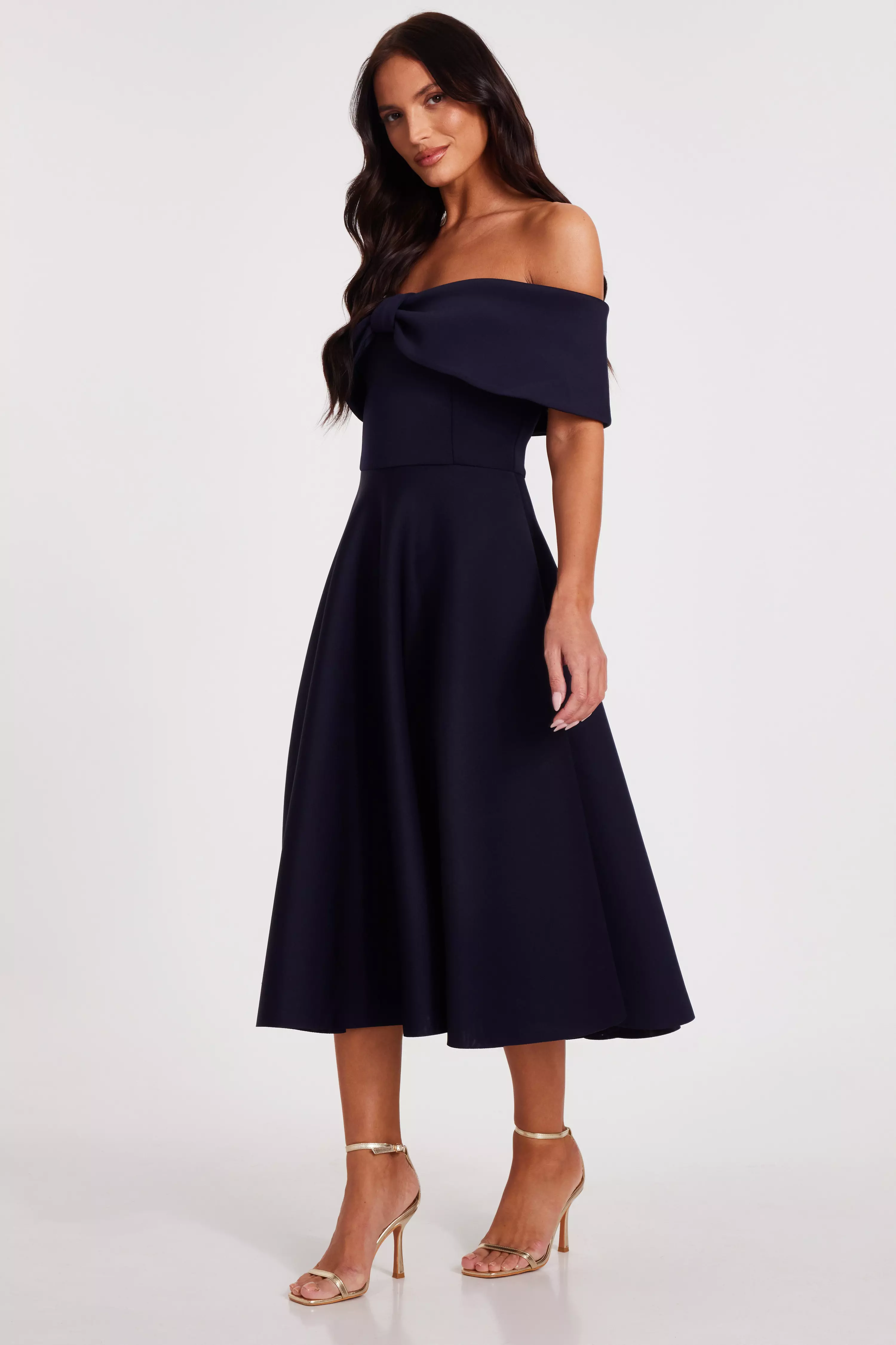 Navy Bardot Bow Skater Dress