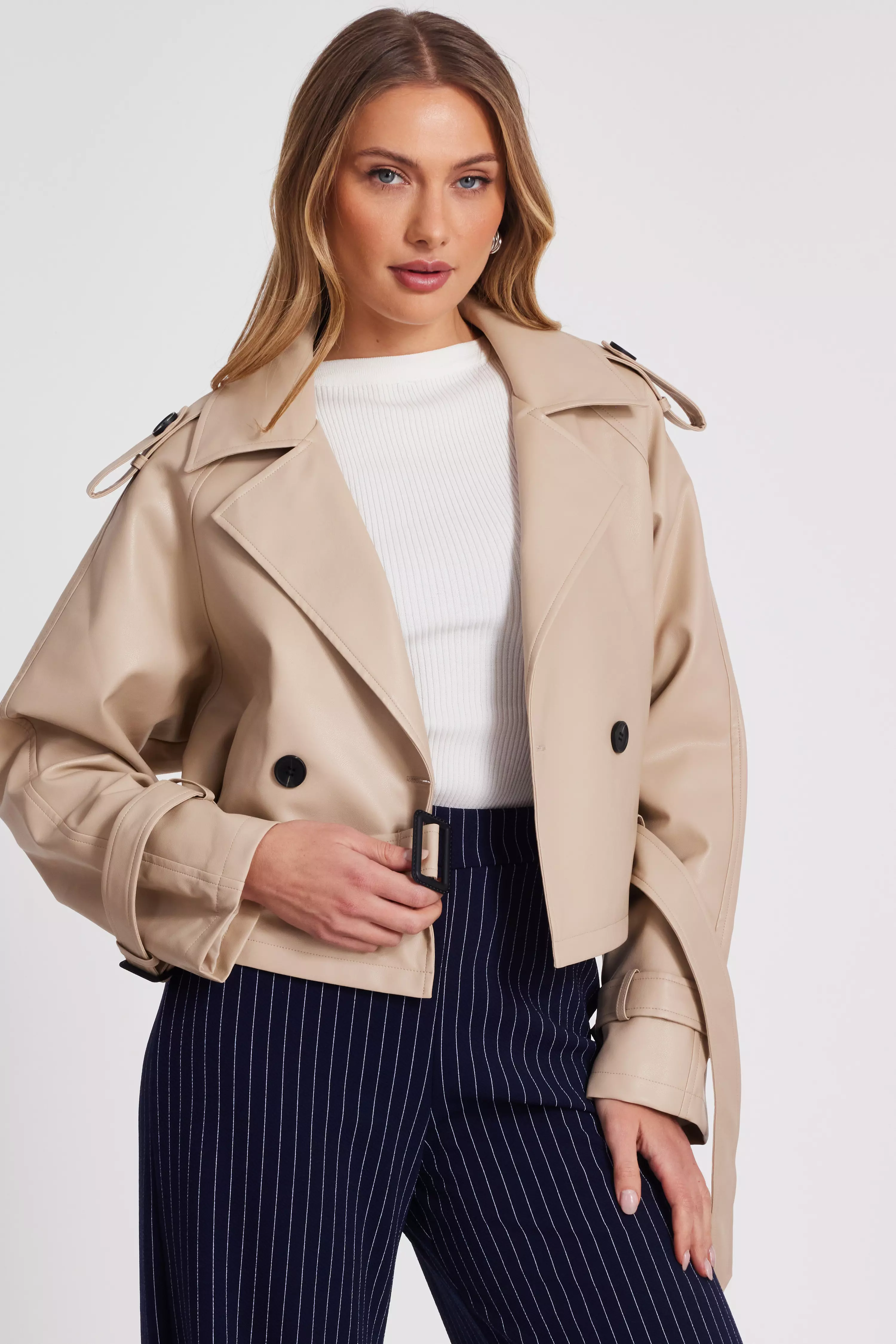 Stone Faux Leather Cropped Trench