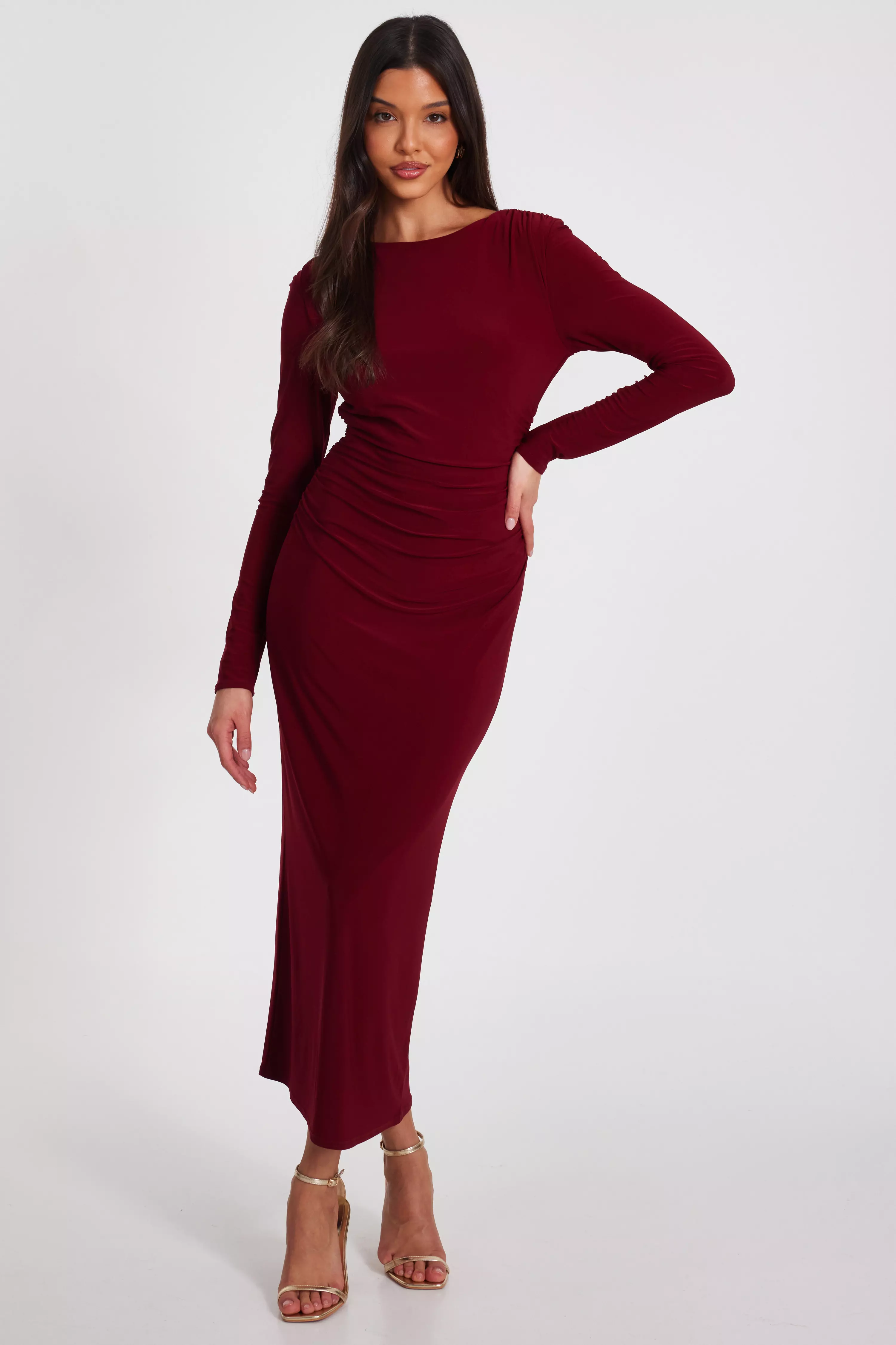 Dark Red Ruched Midaxi Dress