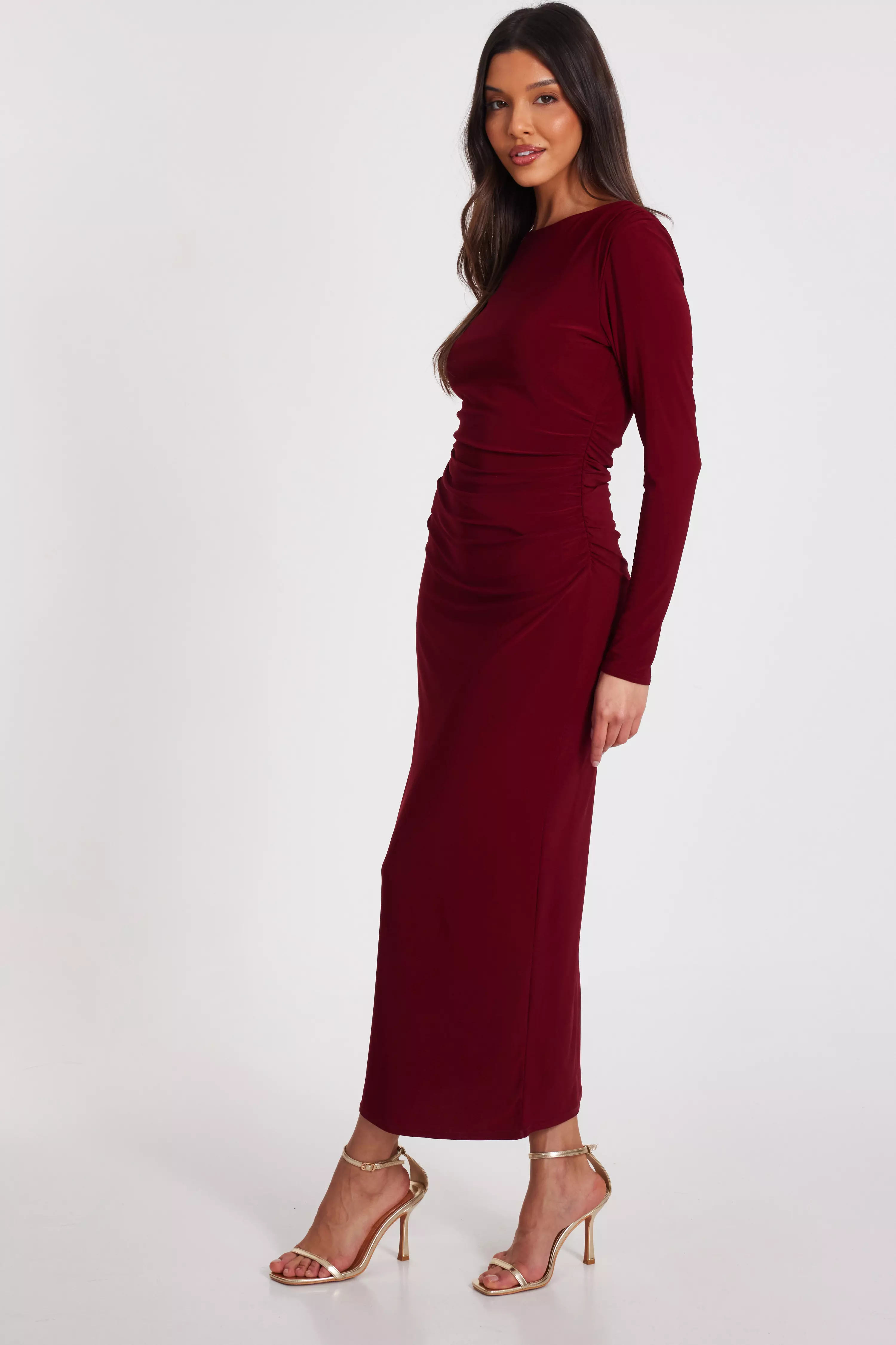 Dark Red Ruched Midaxi Dress