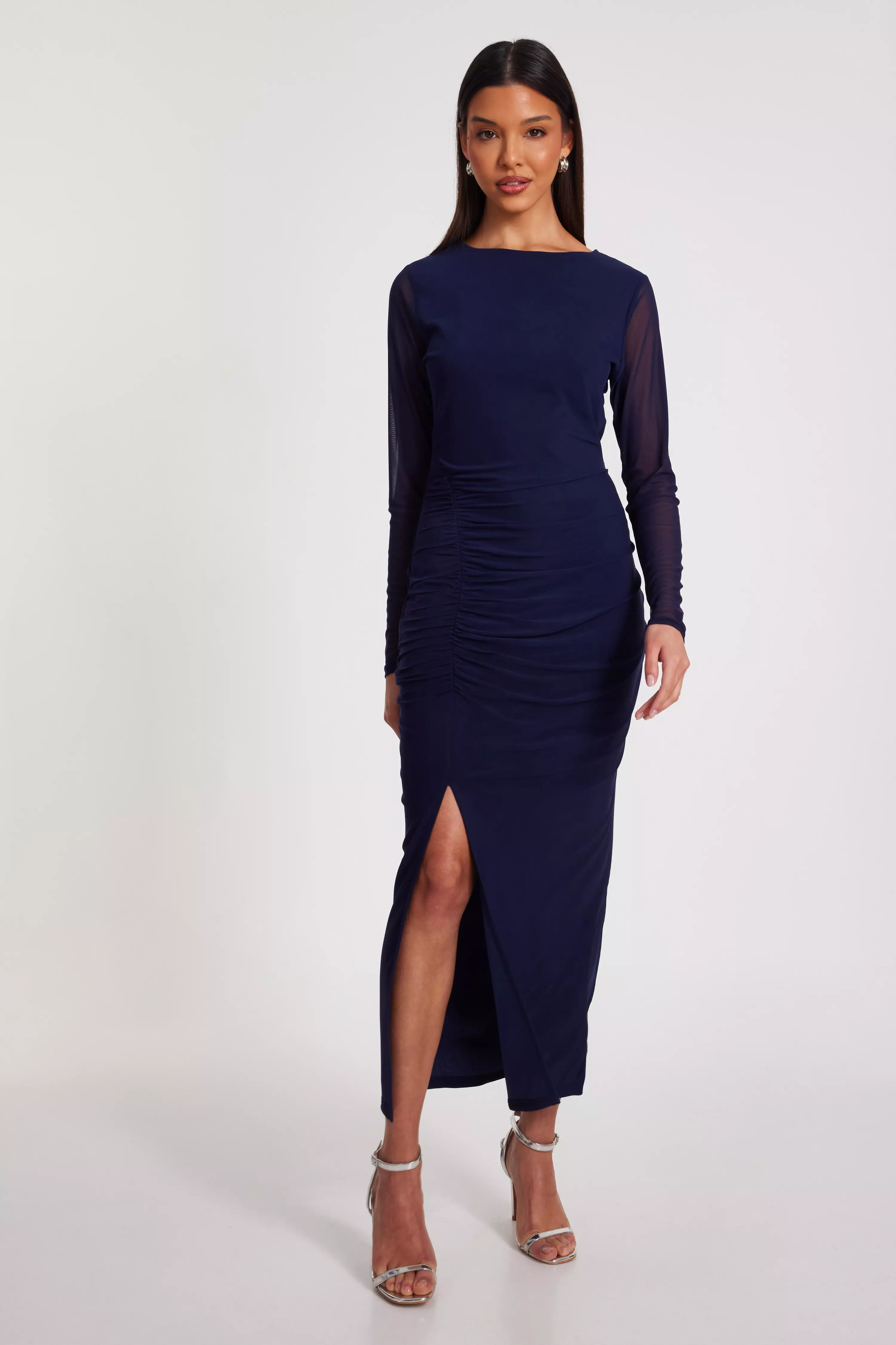 Navy Mesh Long Sleeve Midaxi Dress