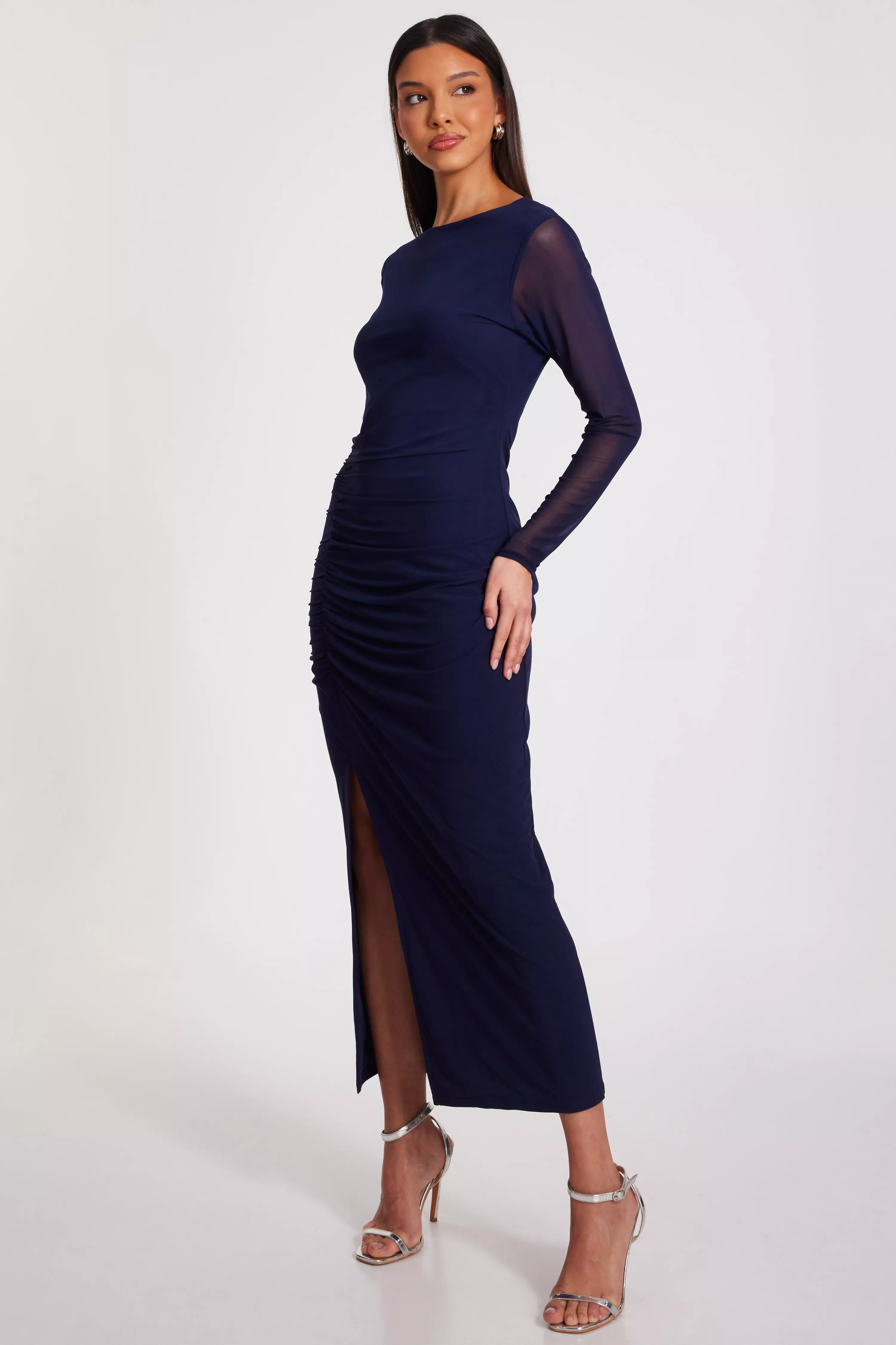 Navy Mesh Long Sleeve Midaxi Dress