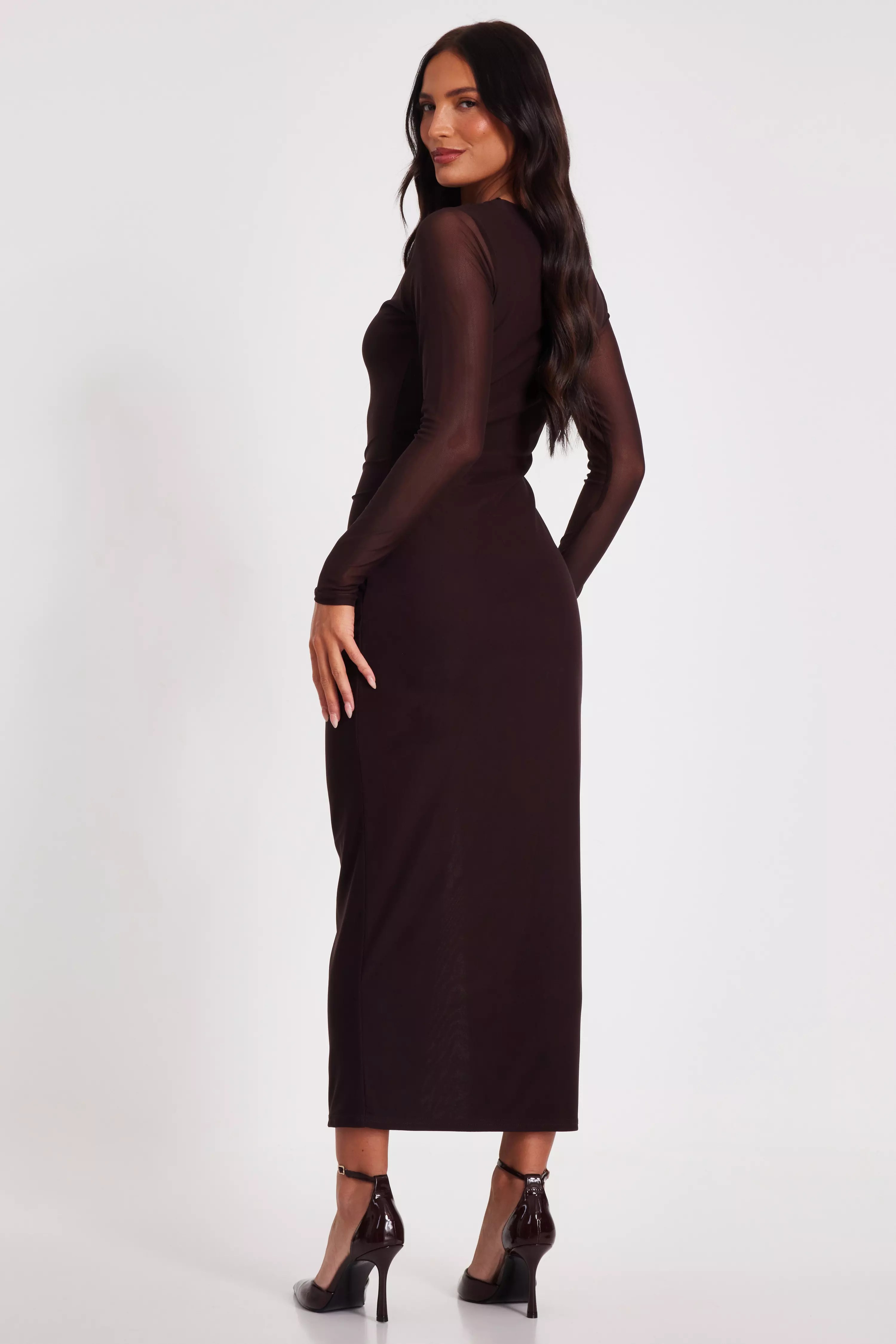 Brown Mesh Long Sleeve Midaxi Dress