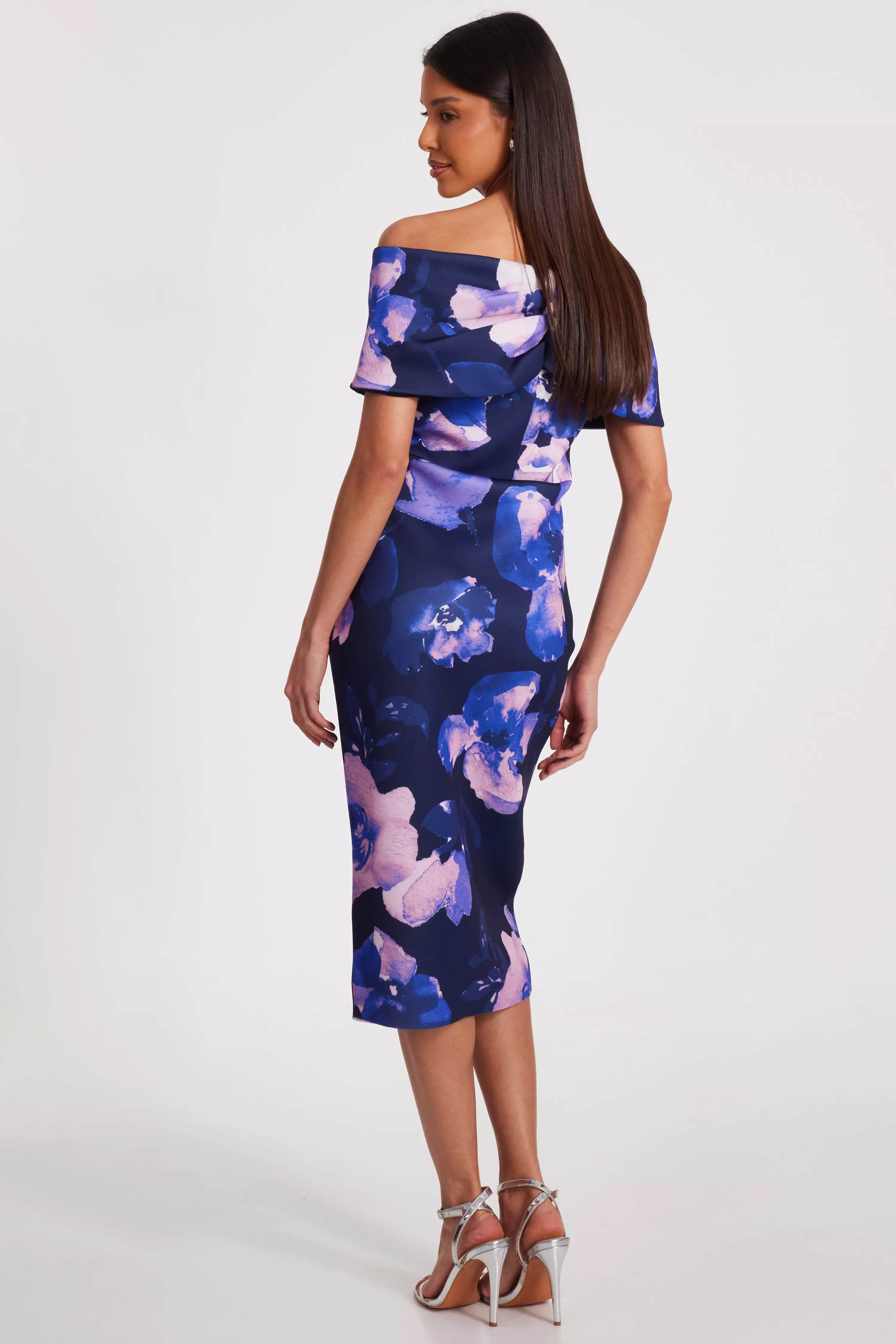 Navy Floral Bardot Midi Dress