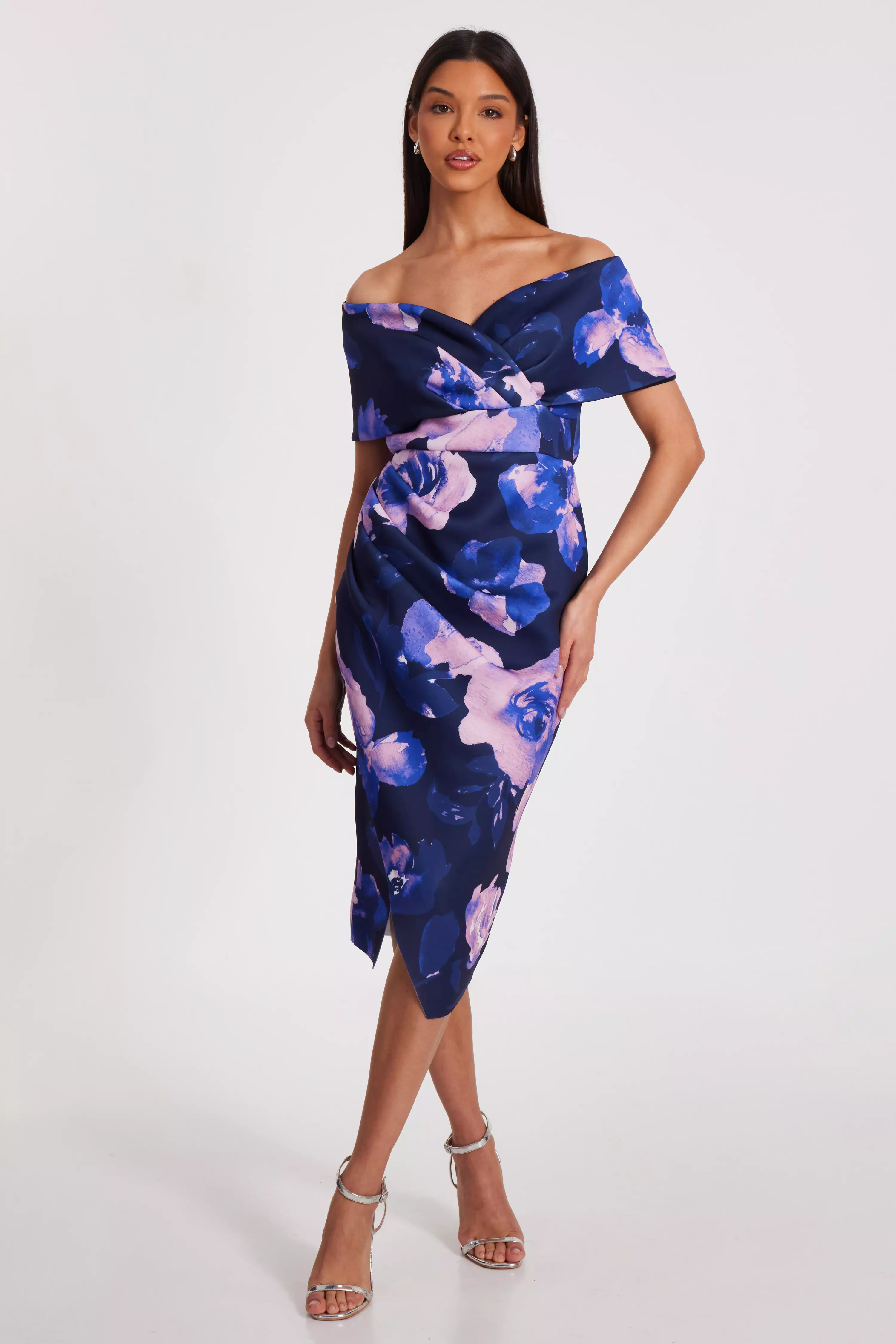 Navy Floral Bardot Midi Dress