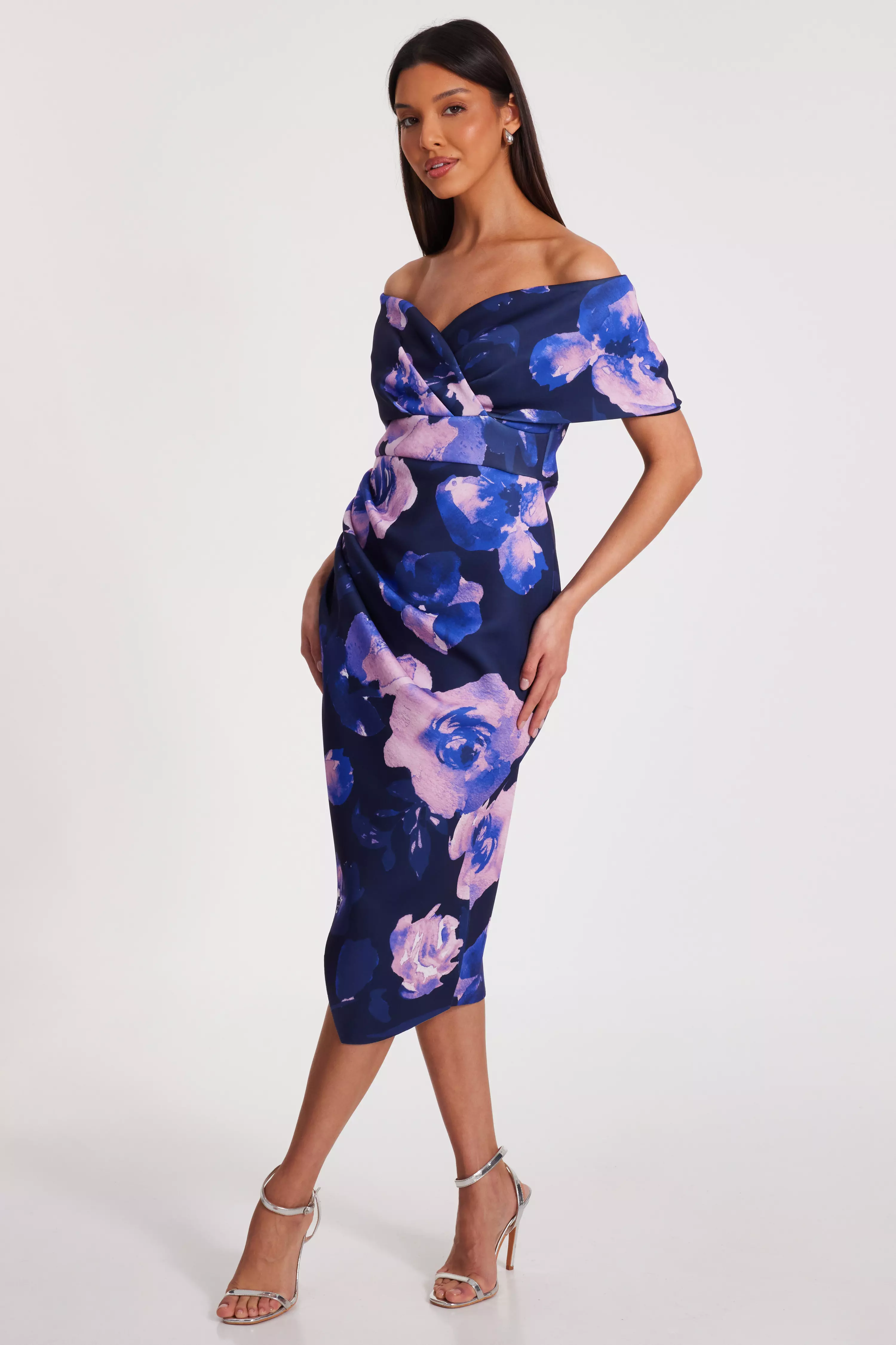 Navy Floral Bardot Midi Dress