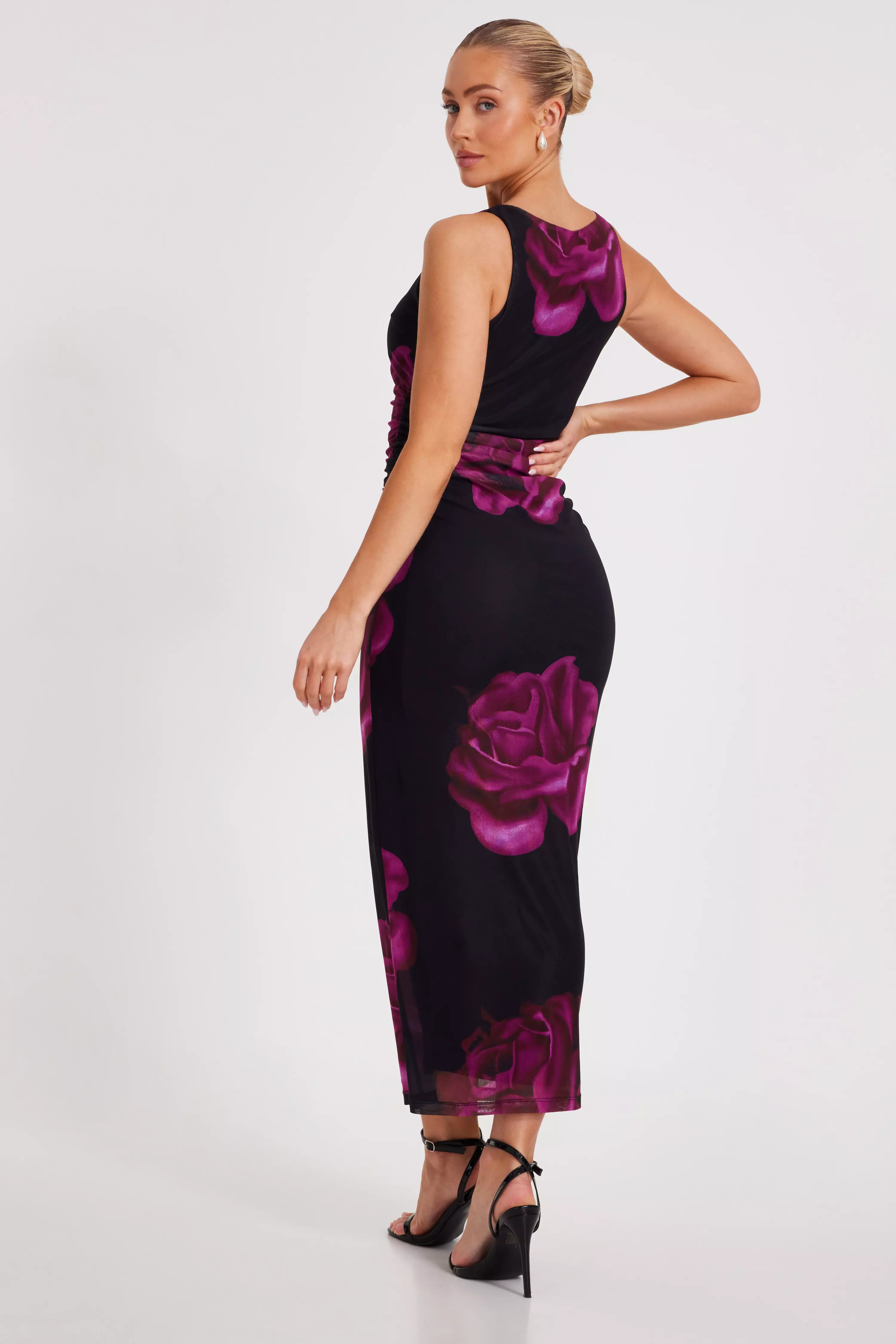 Black Floral Mesh Midaxi Dress