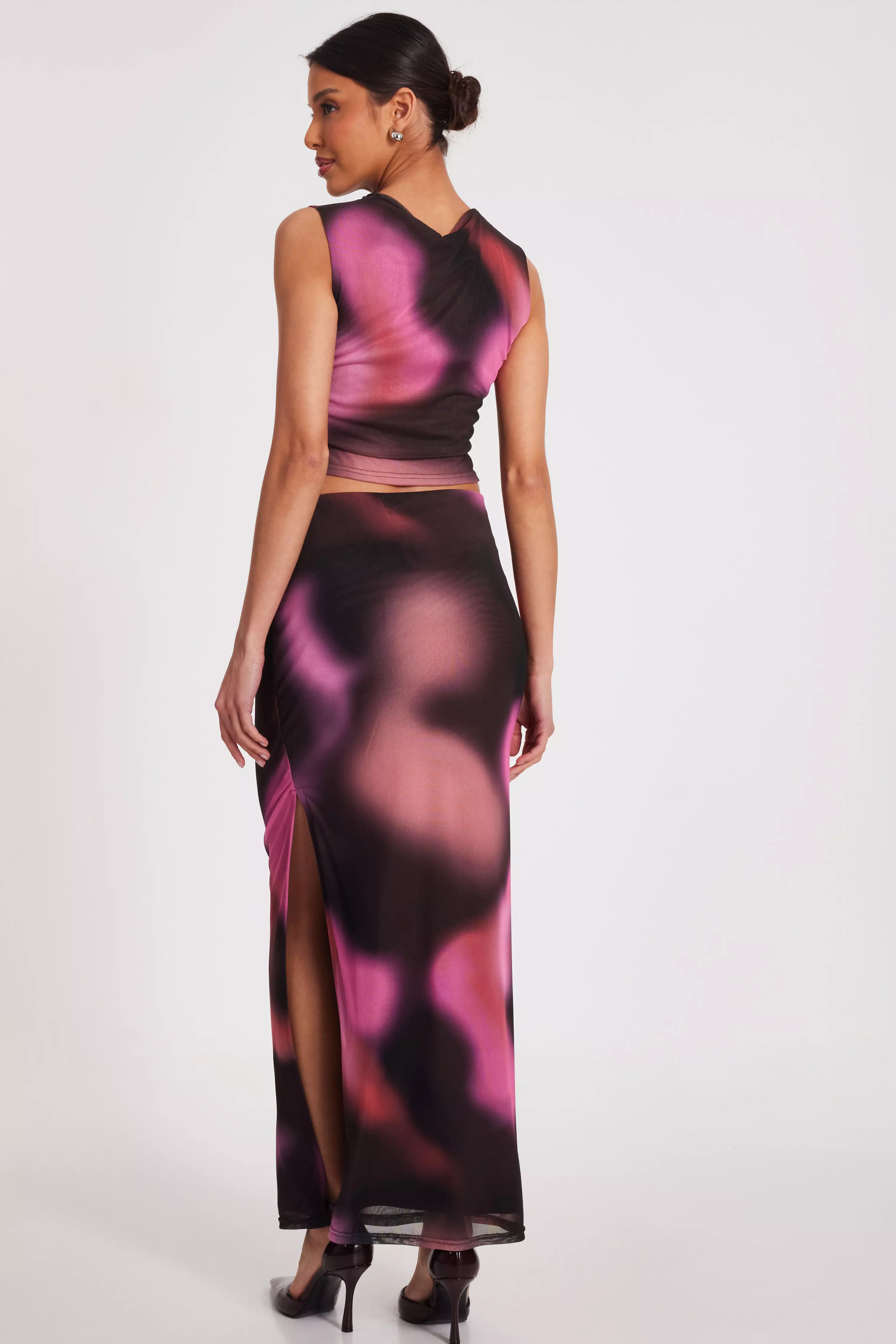 Brown Mesh Marble Print Maxi Skirt