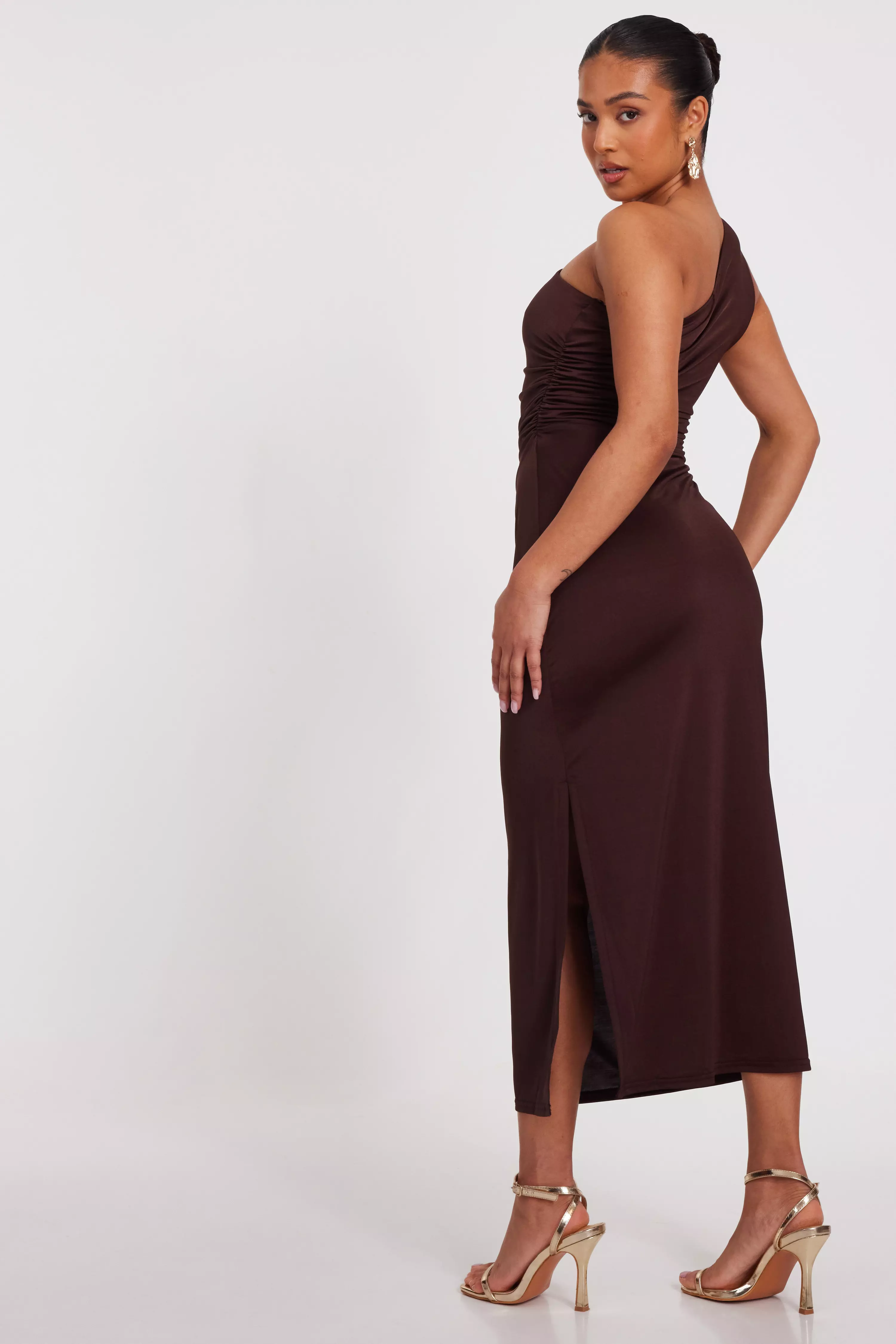 Petite Brown One Shoulder Midaxi Dress