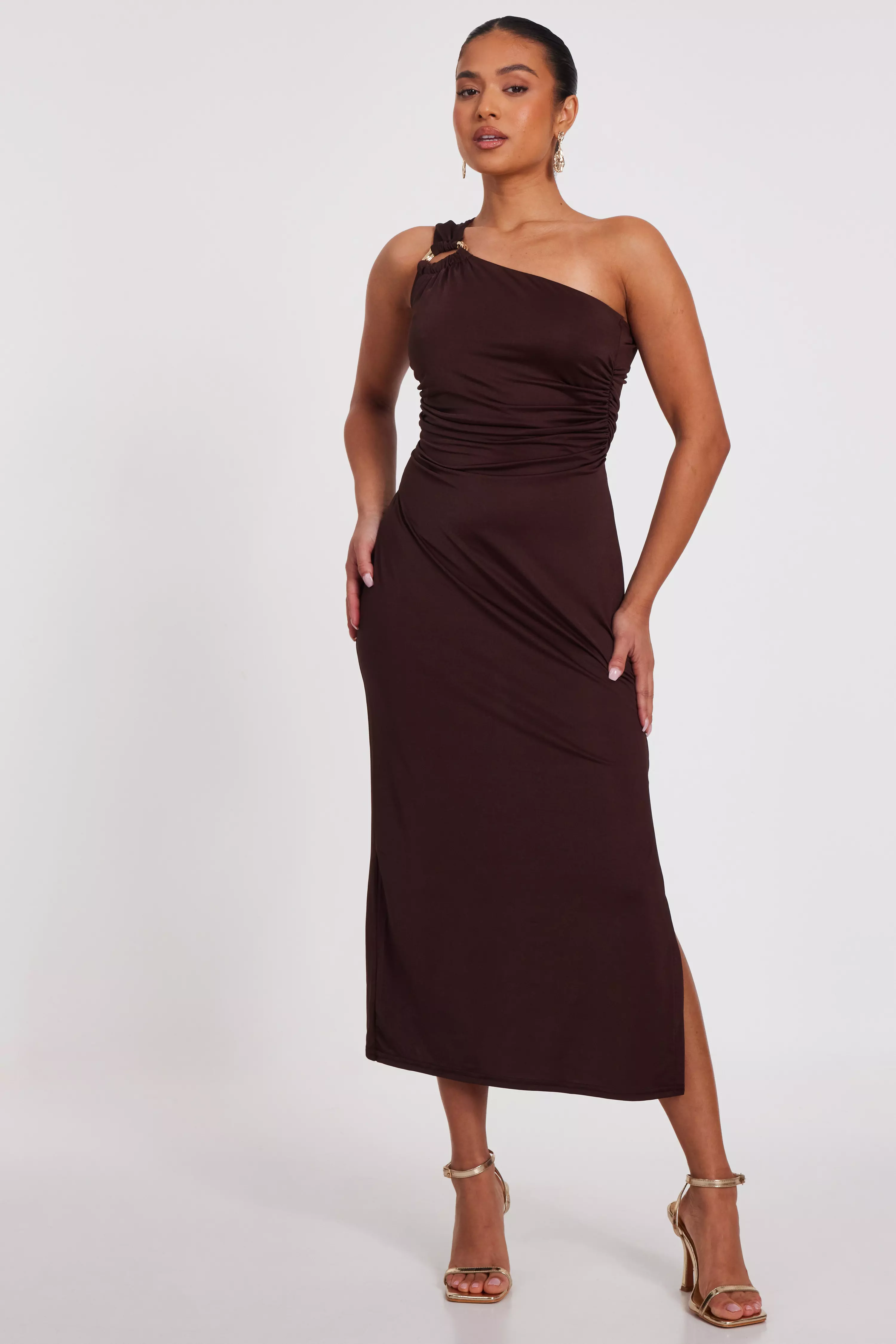 Petite Brown One Shoulder Midaxi Dress