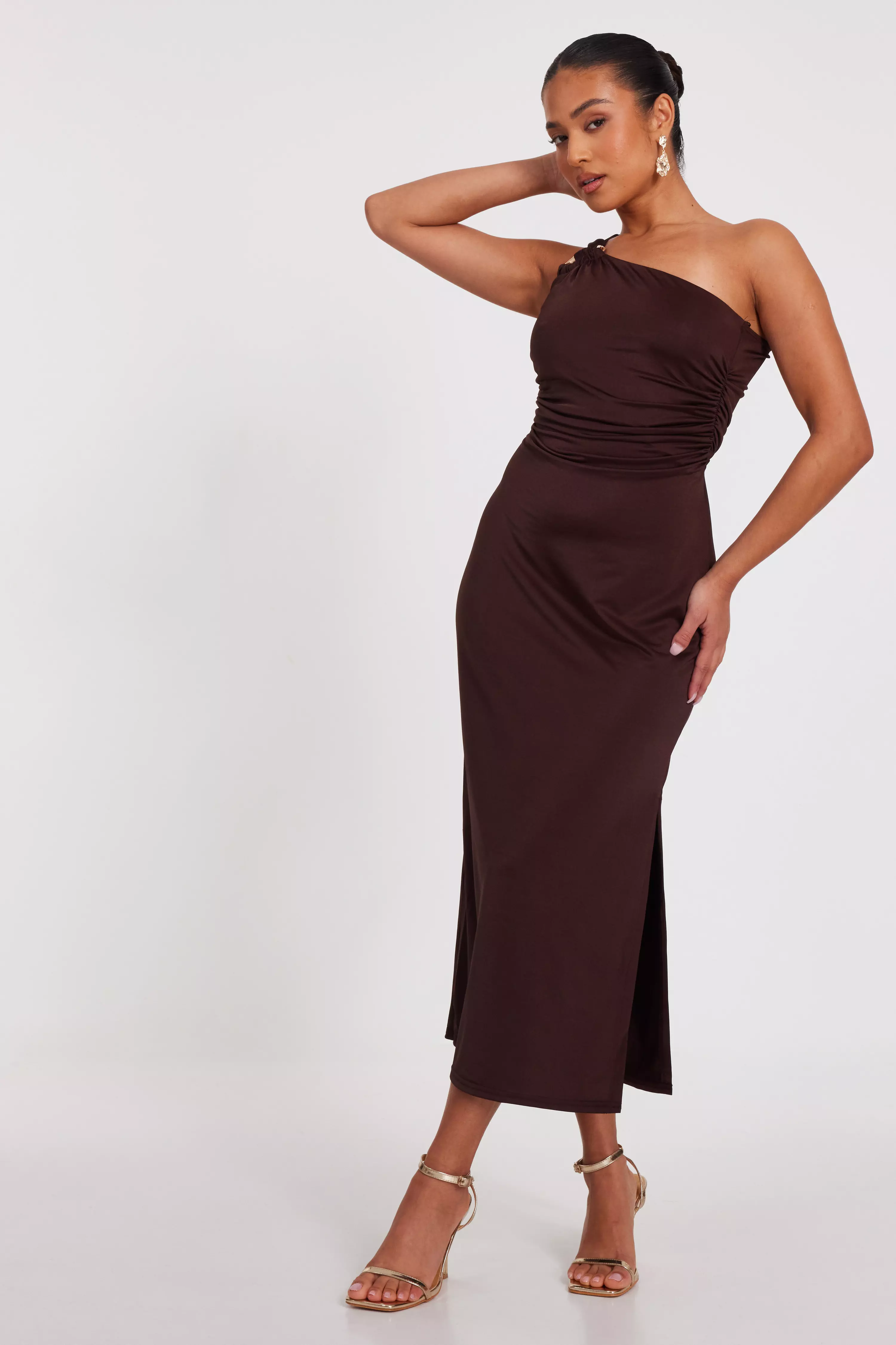 Petite Brown One Shoulder Midaxi Dress