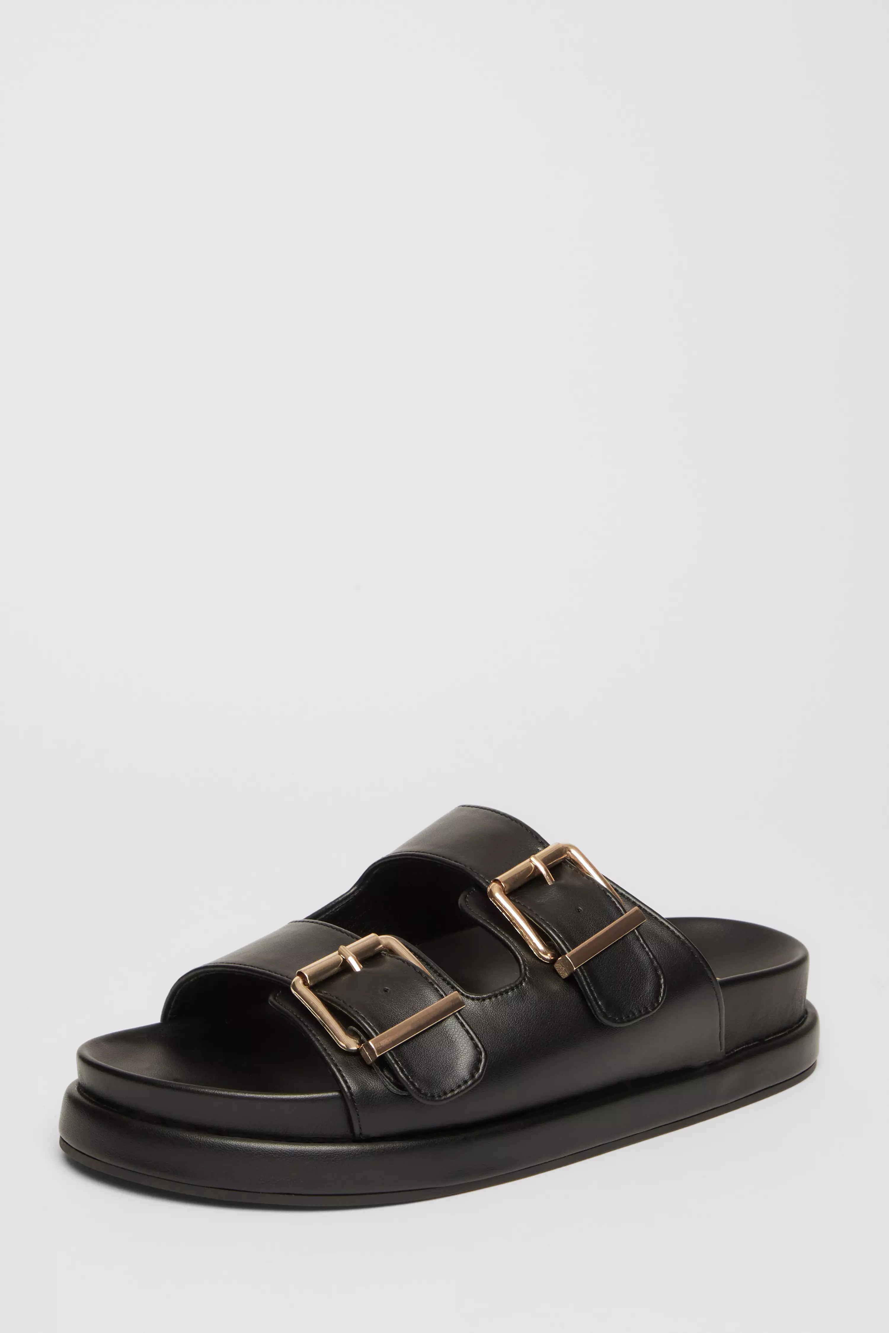 Black Faux Leather Flat Sandals