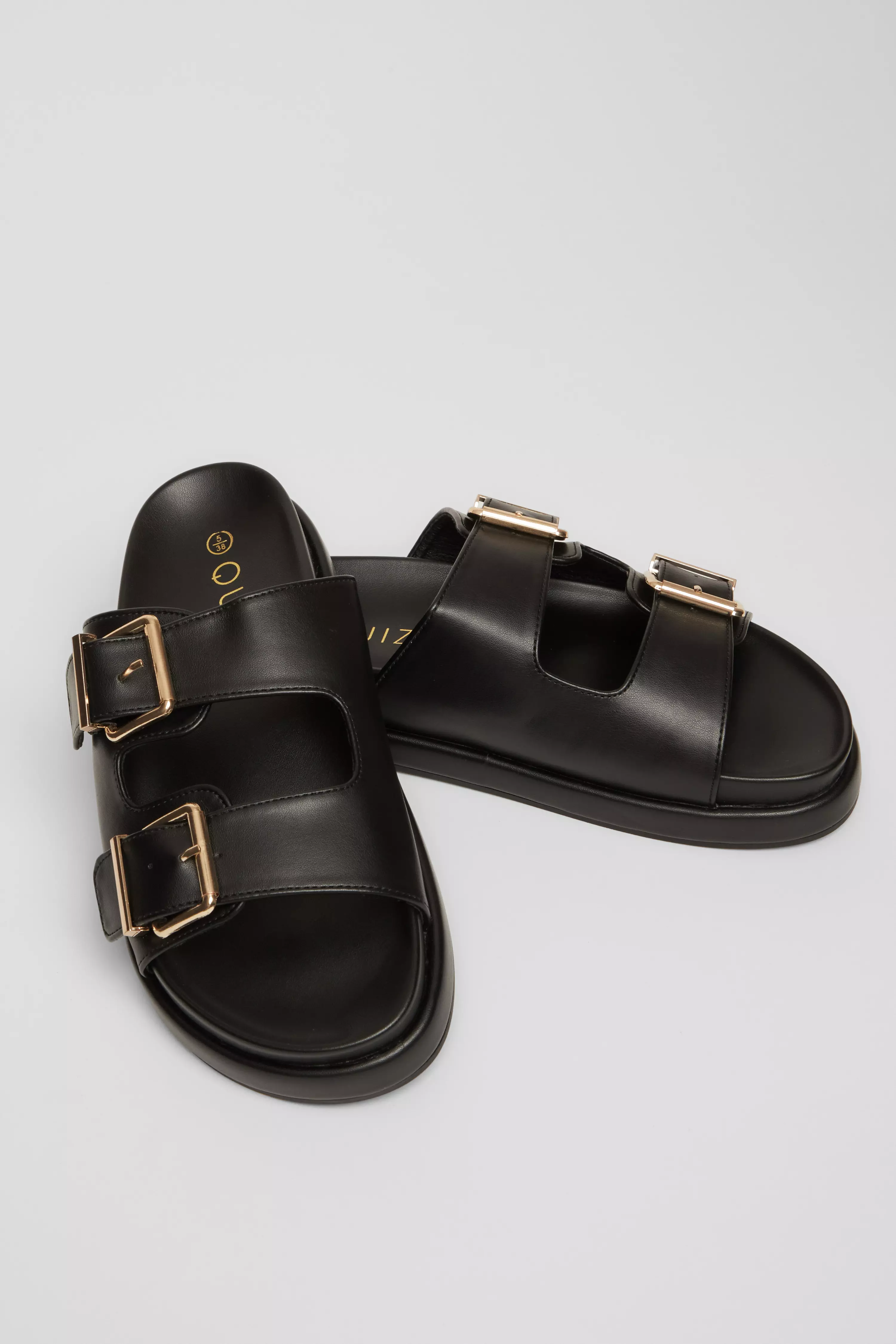 Black Faux Leather Flat Sandals