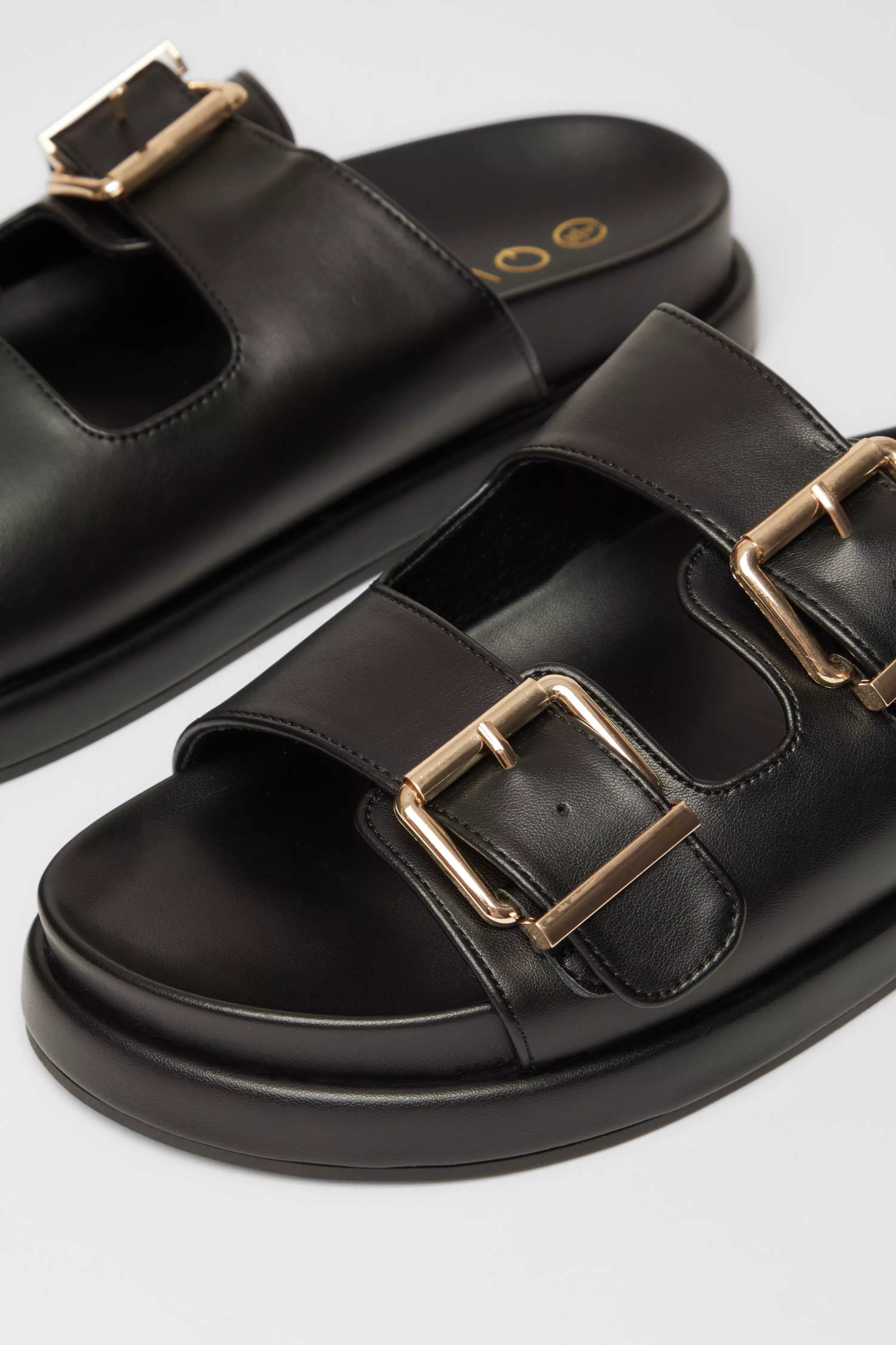 Black Faux Leather Flat Sandals