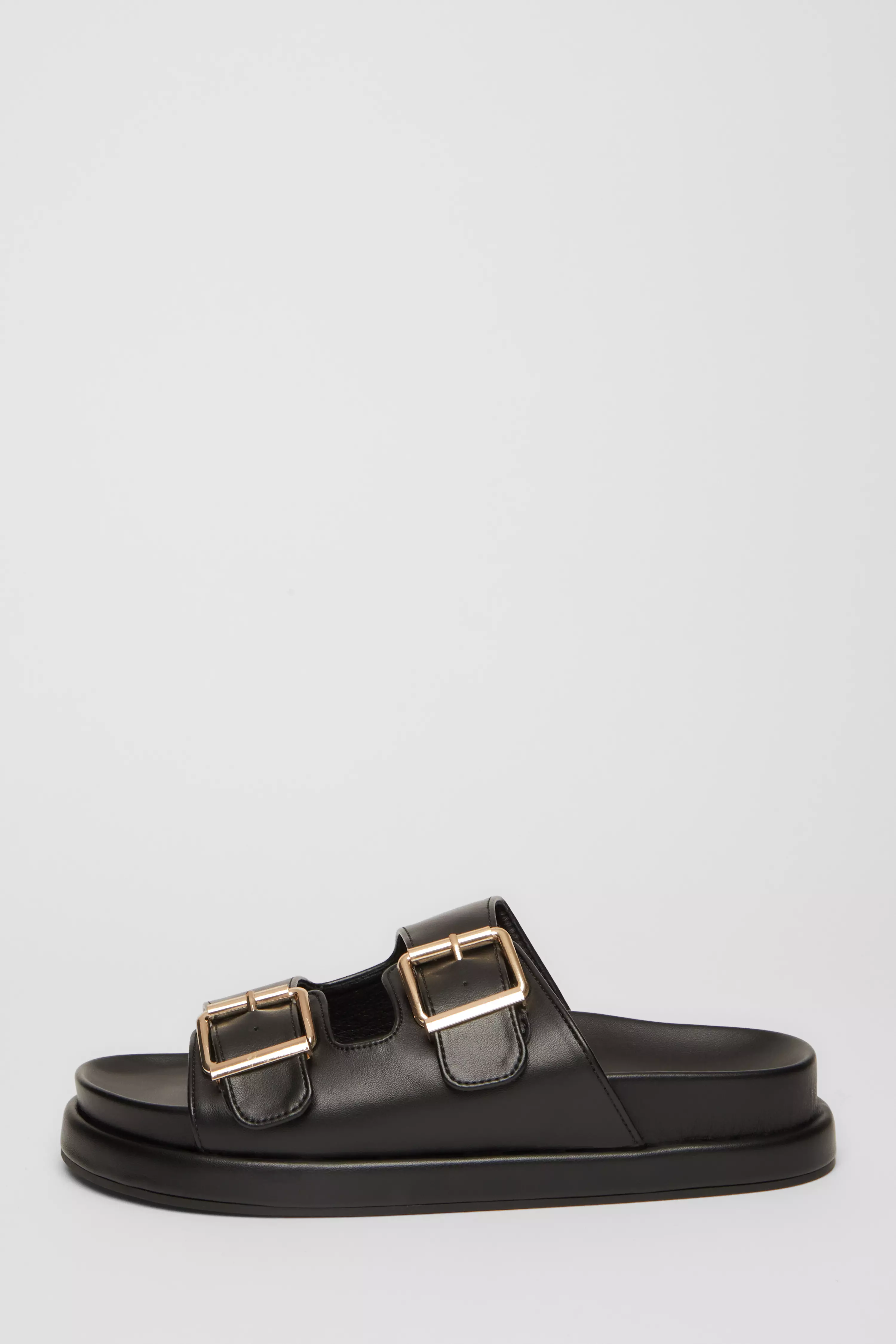 Black Faux Leather Flat Sandals