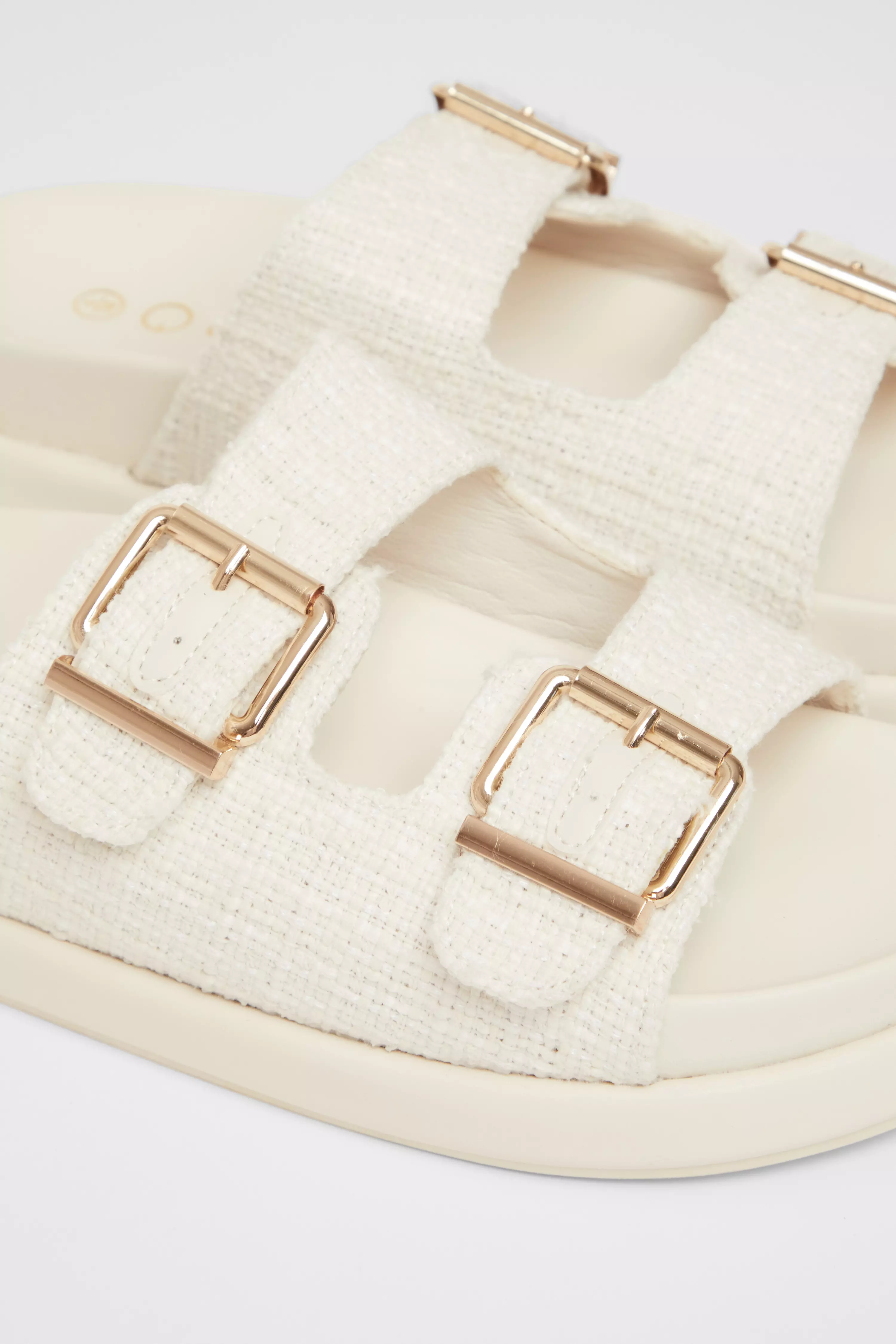 White Double Buckle Flat Sandals