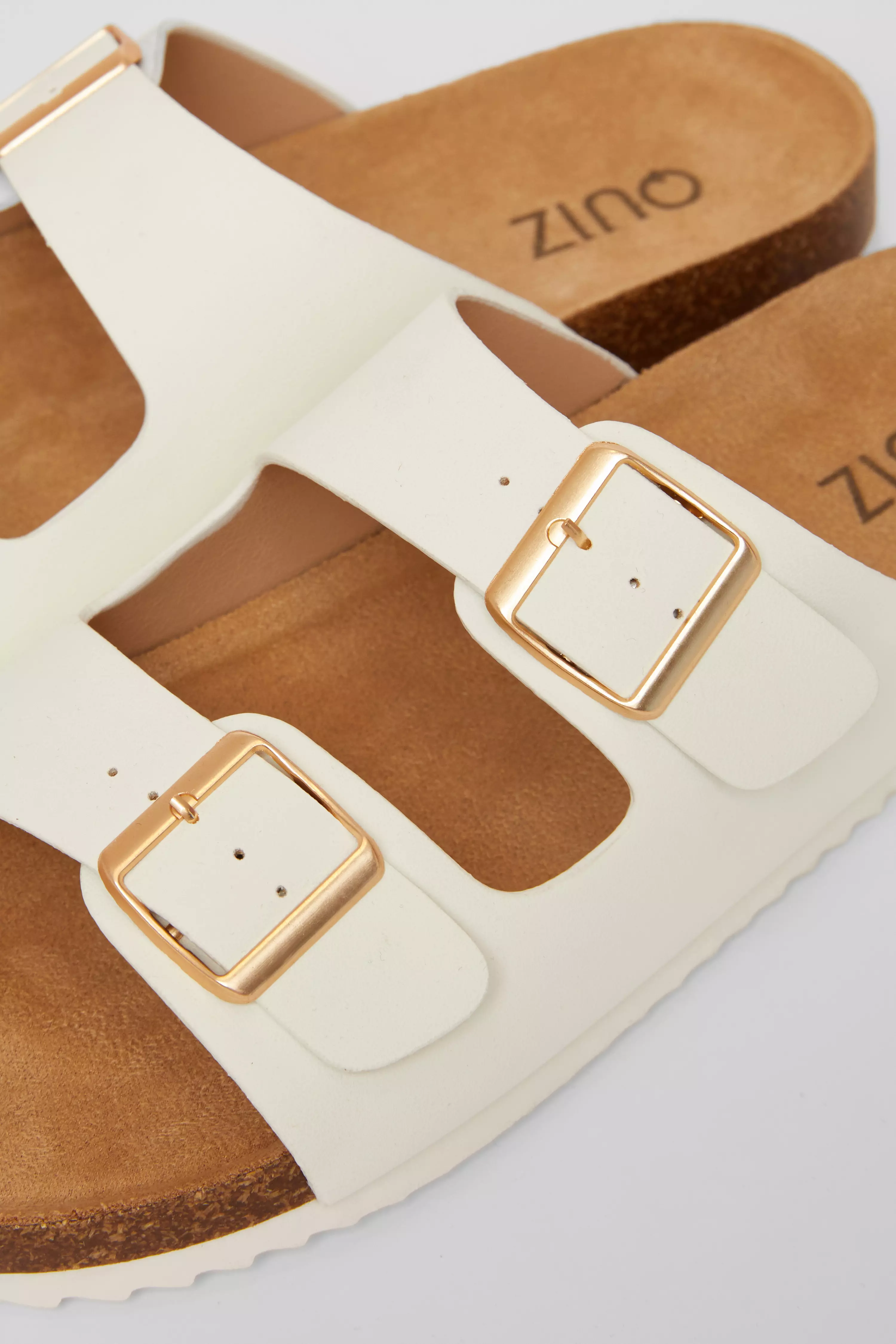 White Double Buckle Flat Sandals
