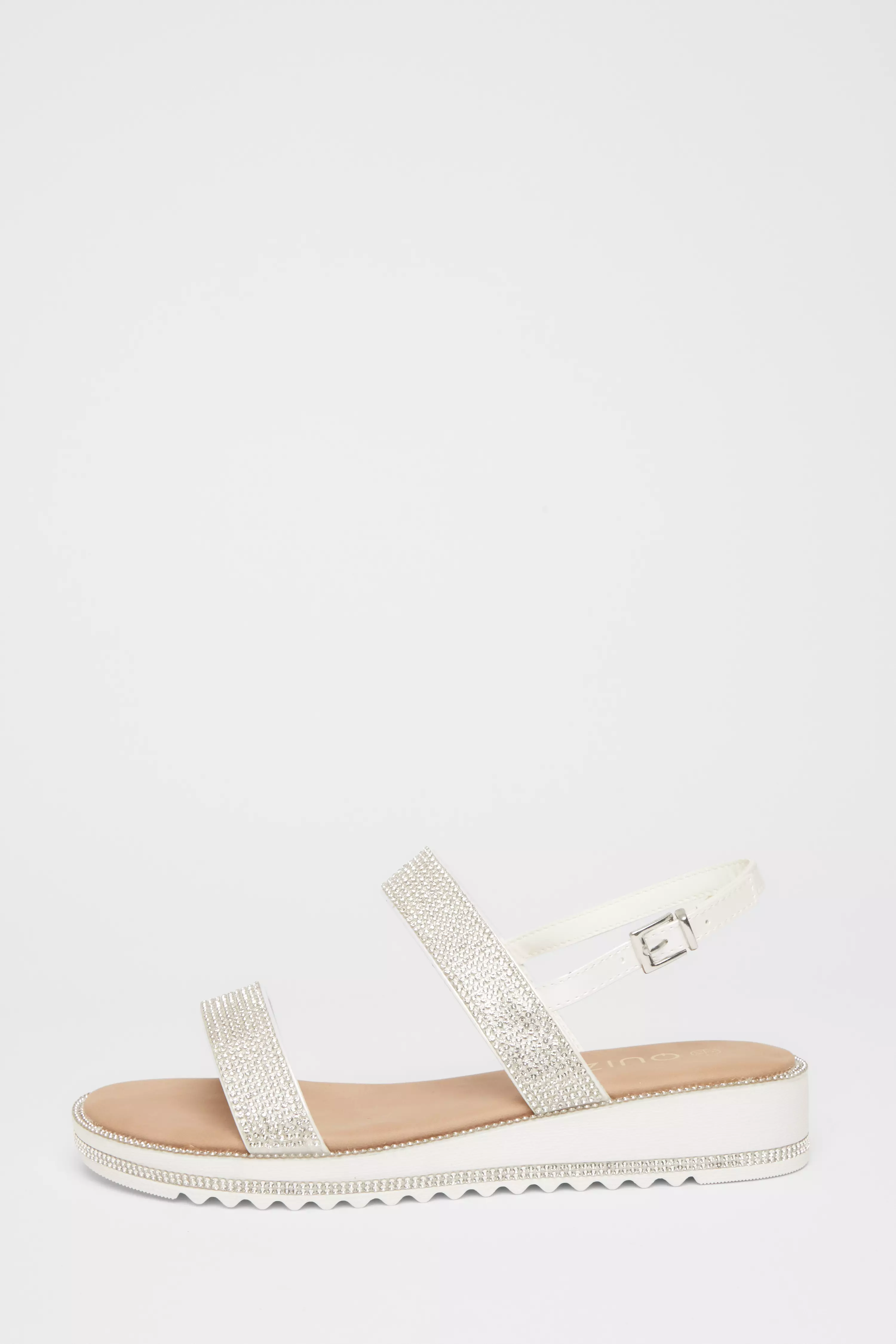 White Diamante Flat Sandals