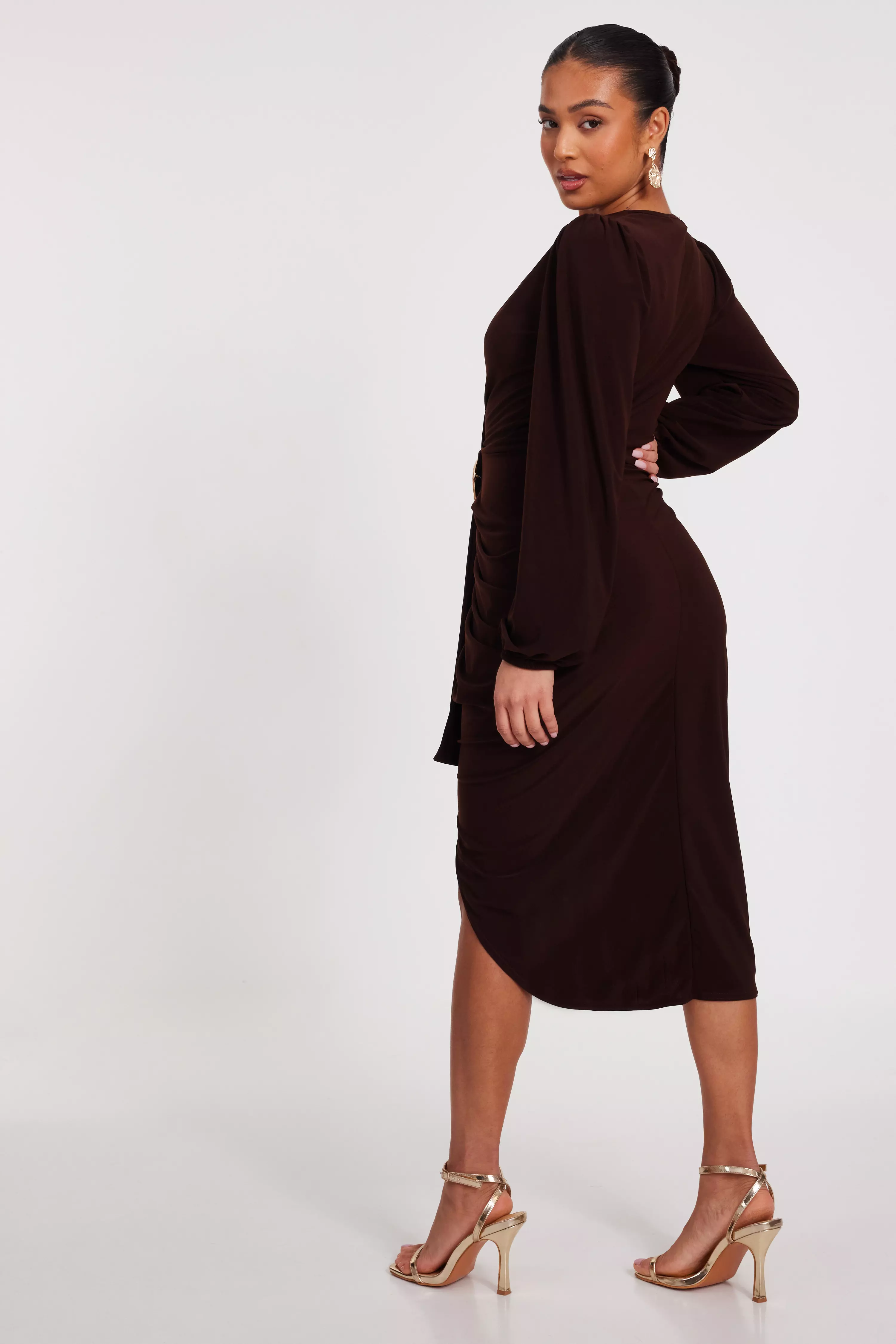 Petite Brown Ruched Midi Dress