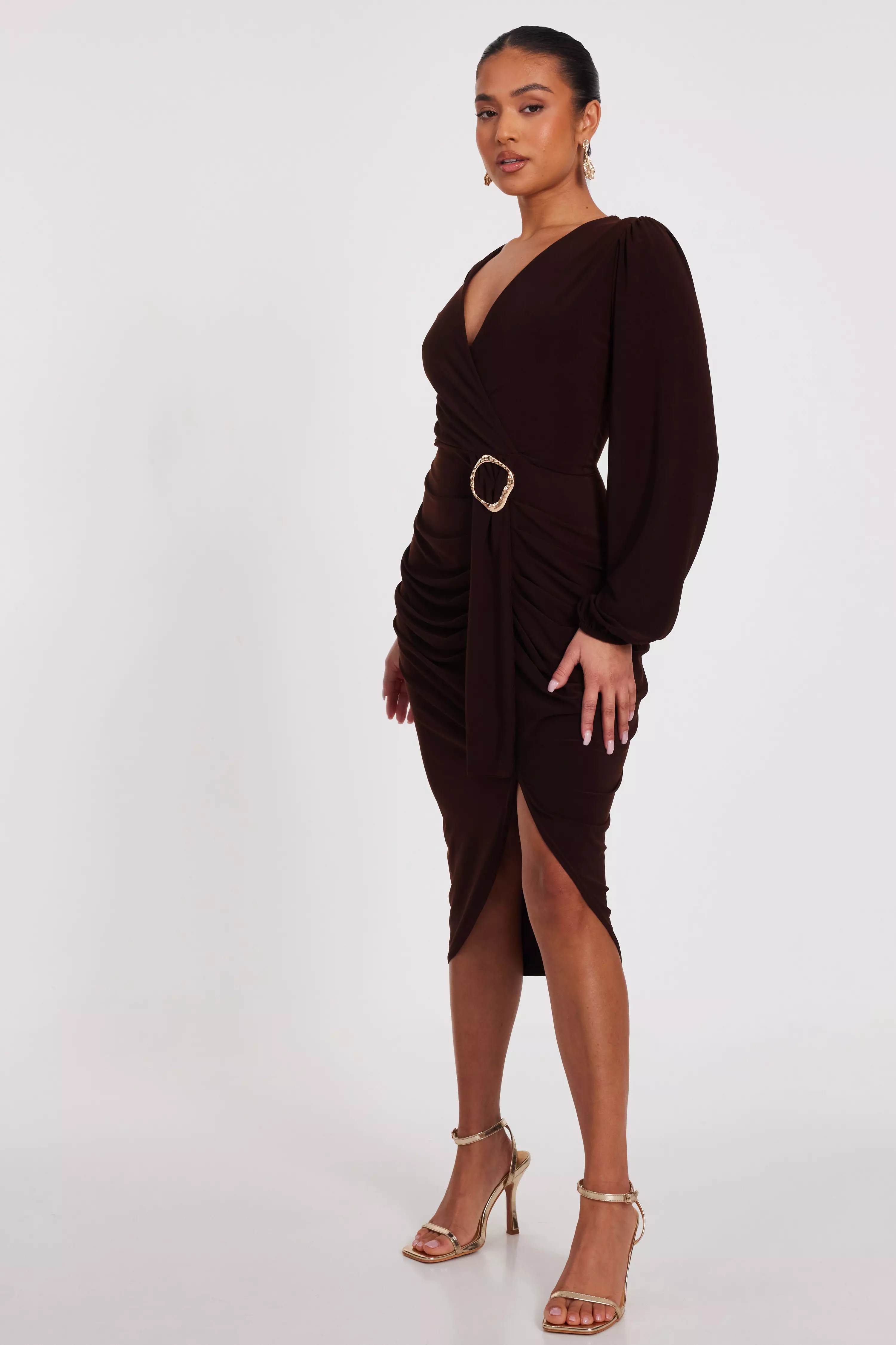 Petite Brown Ruched Midi Dress