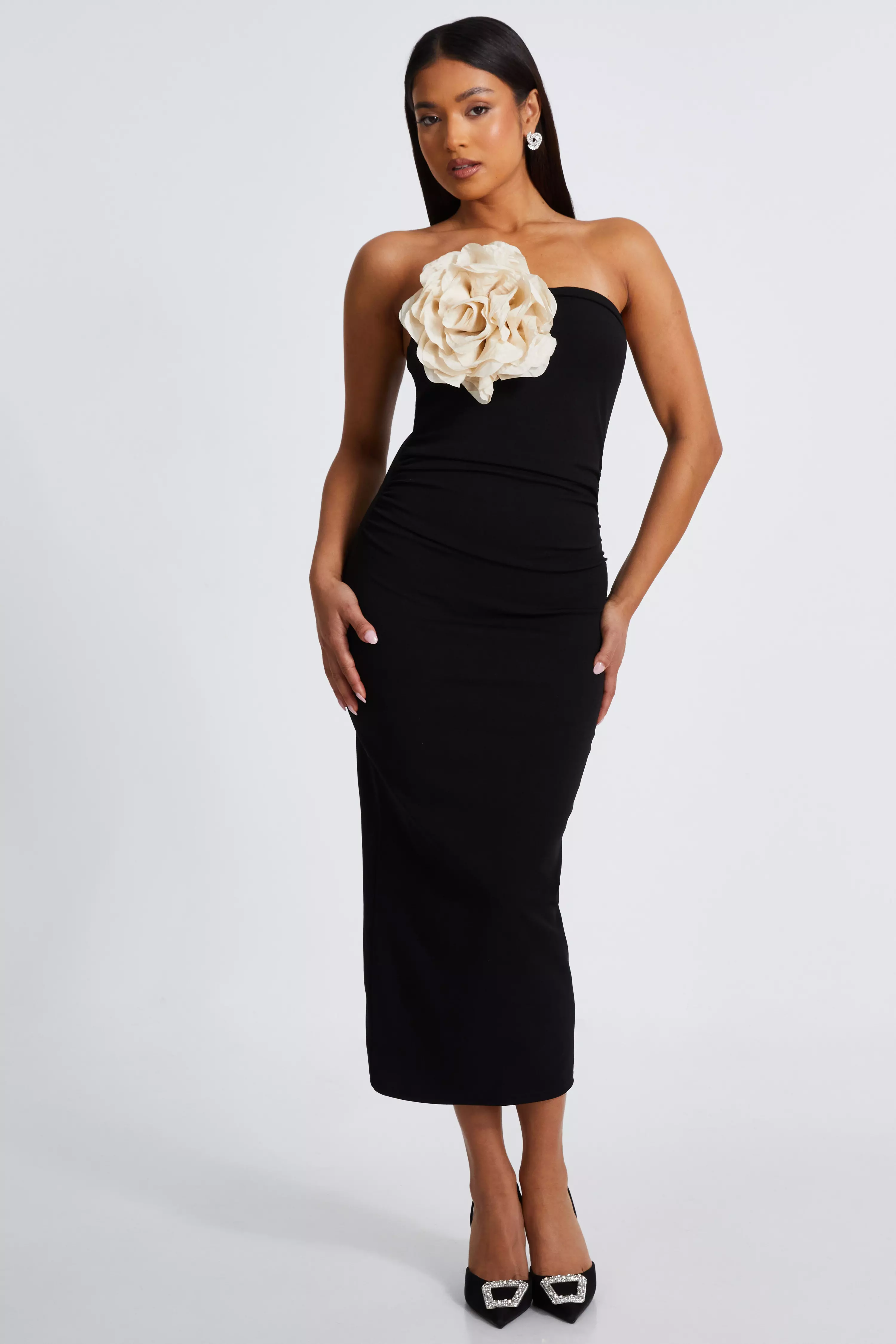 Petite Black Corsage Midaxi Dress