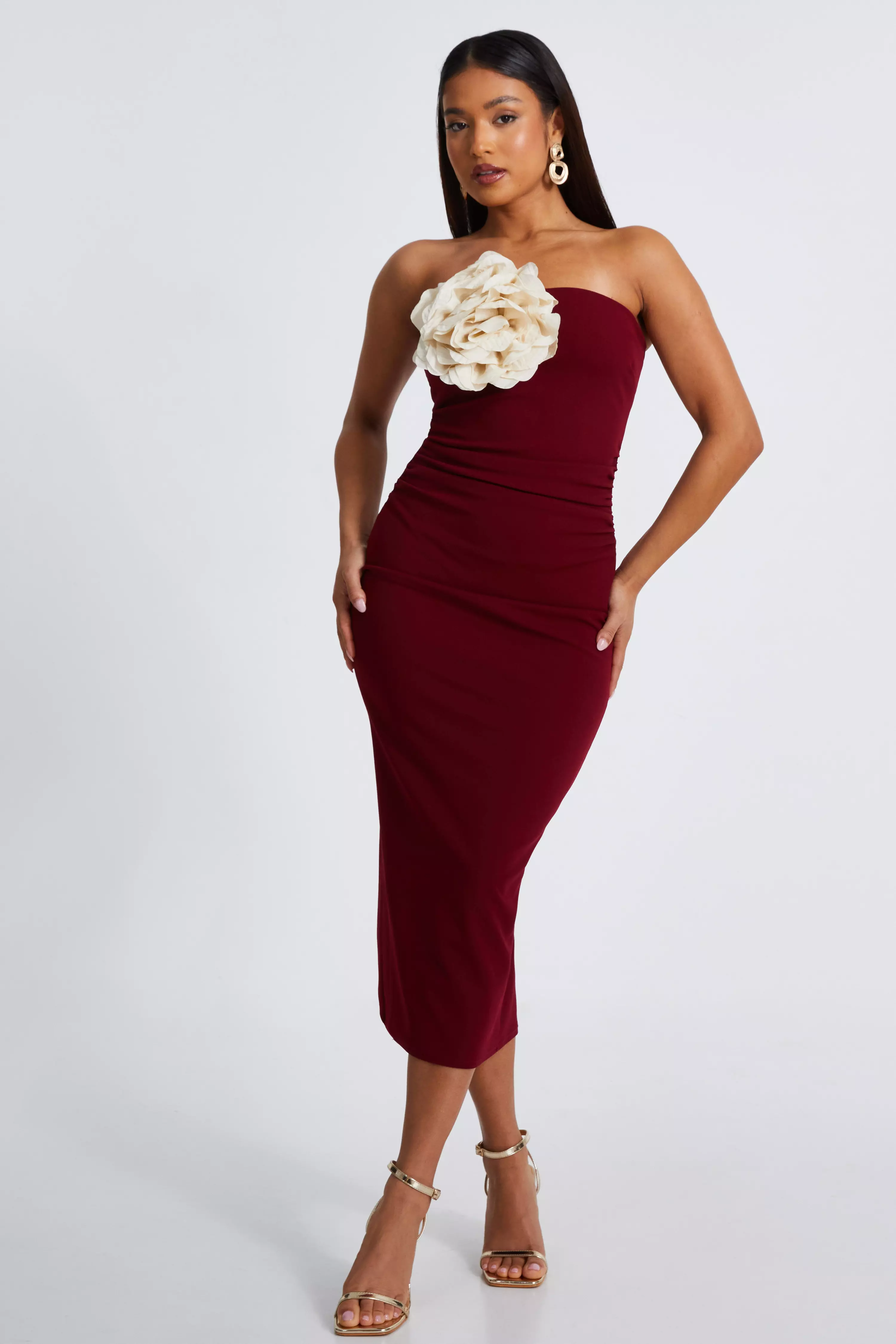 Petite Dark Red Corsage Midaxi Dress