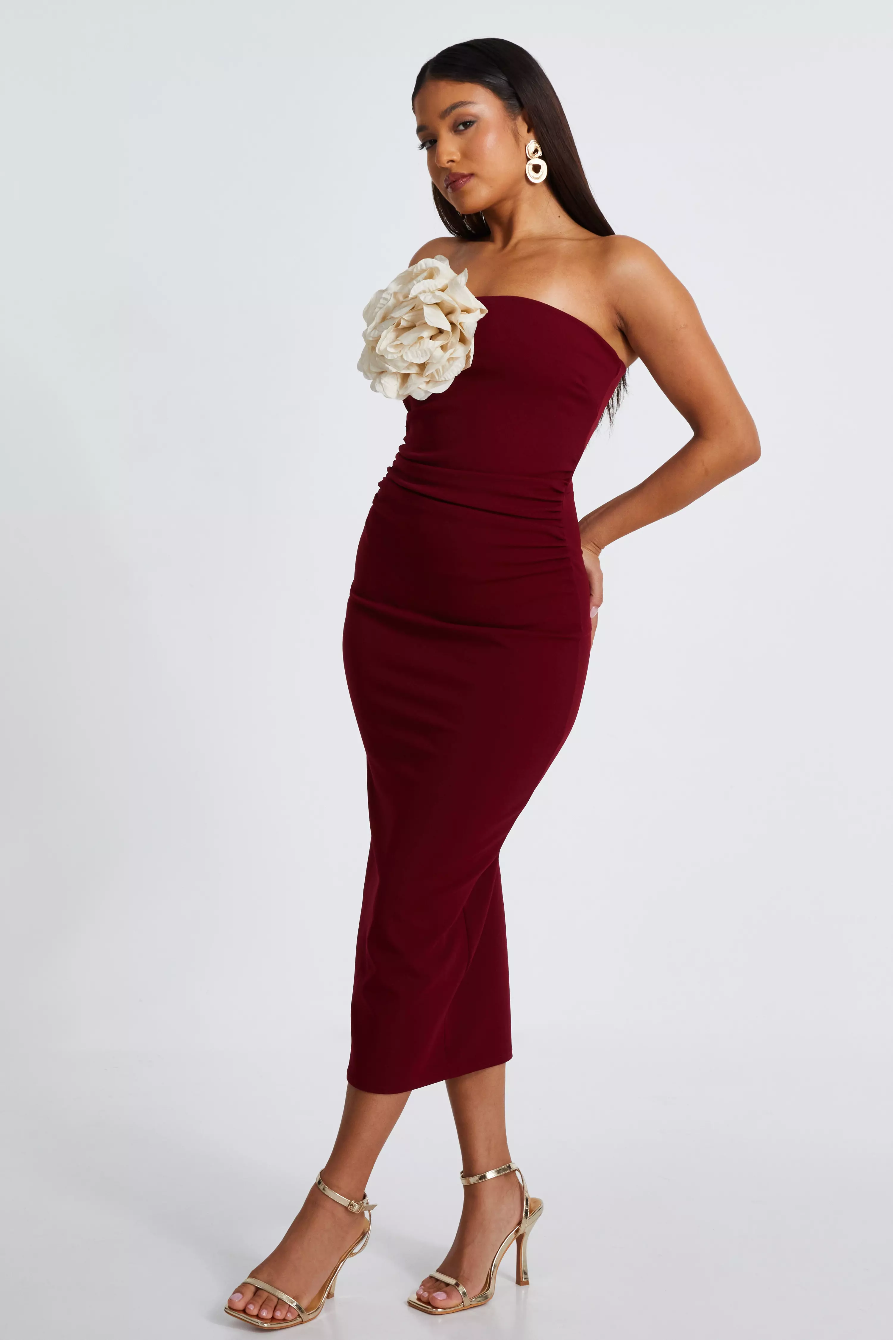 Petite Dark Red Corsage Midaxi Dress