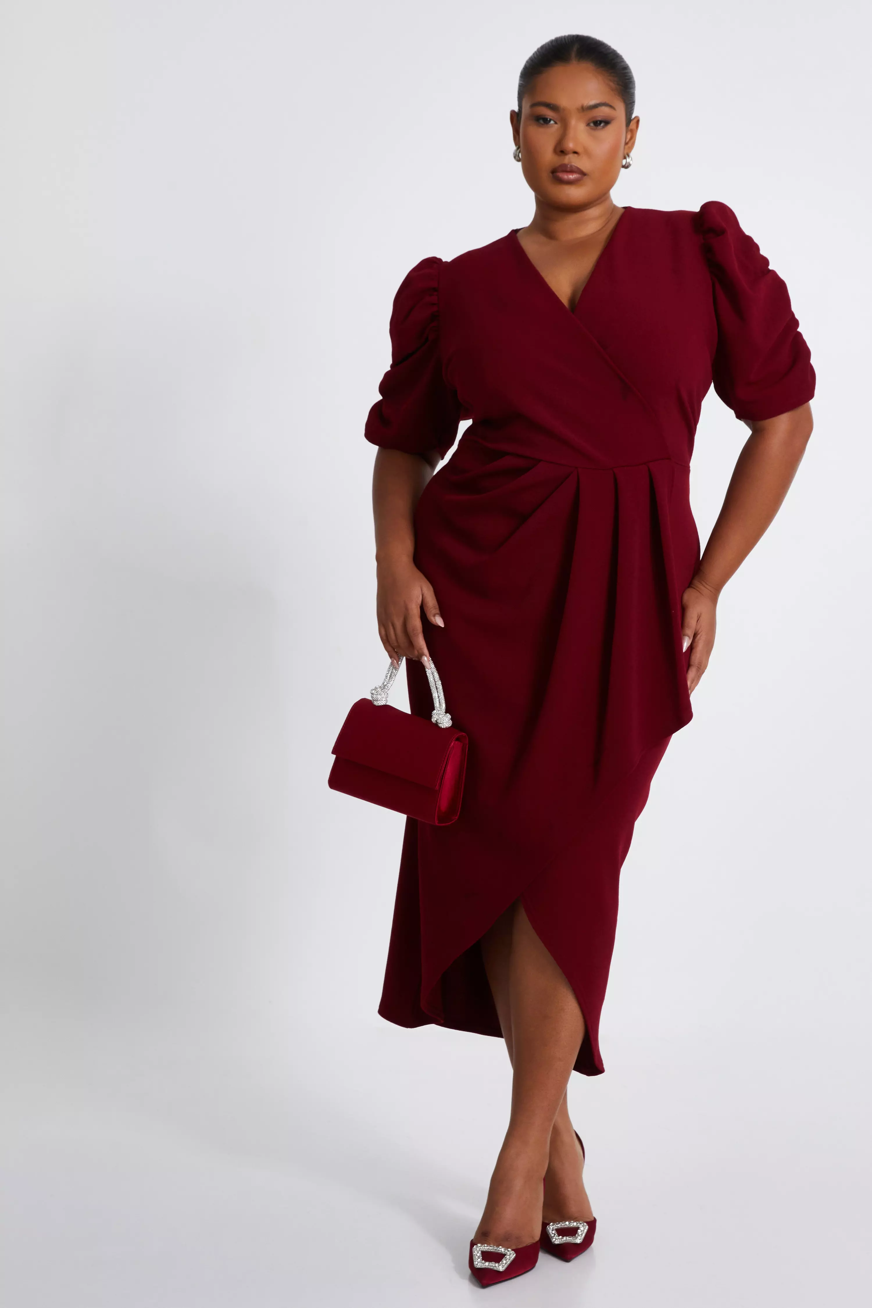 Curve Dark Red Wrap Midi Dress