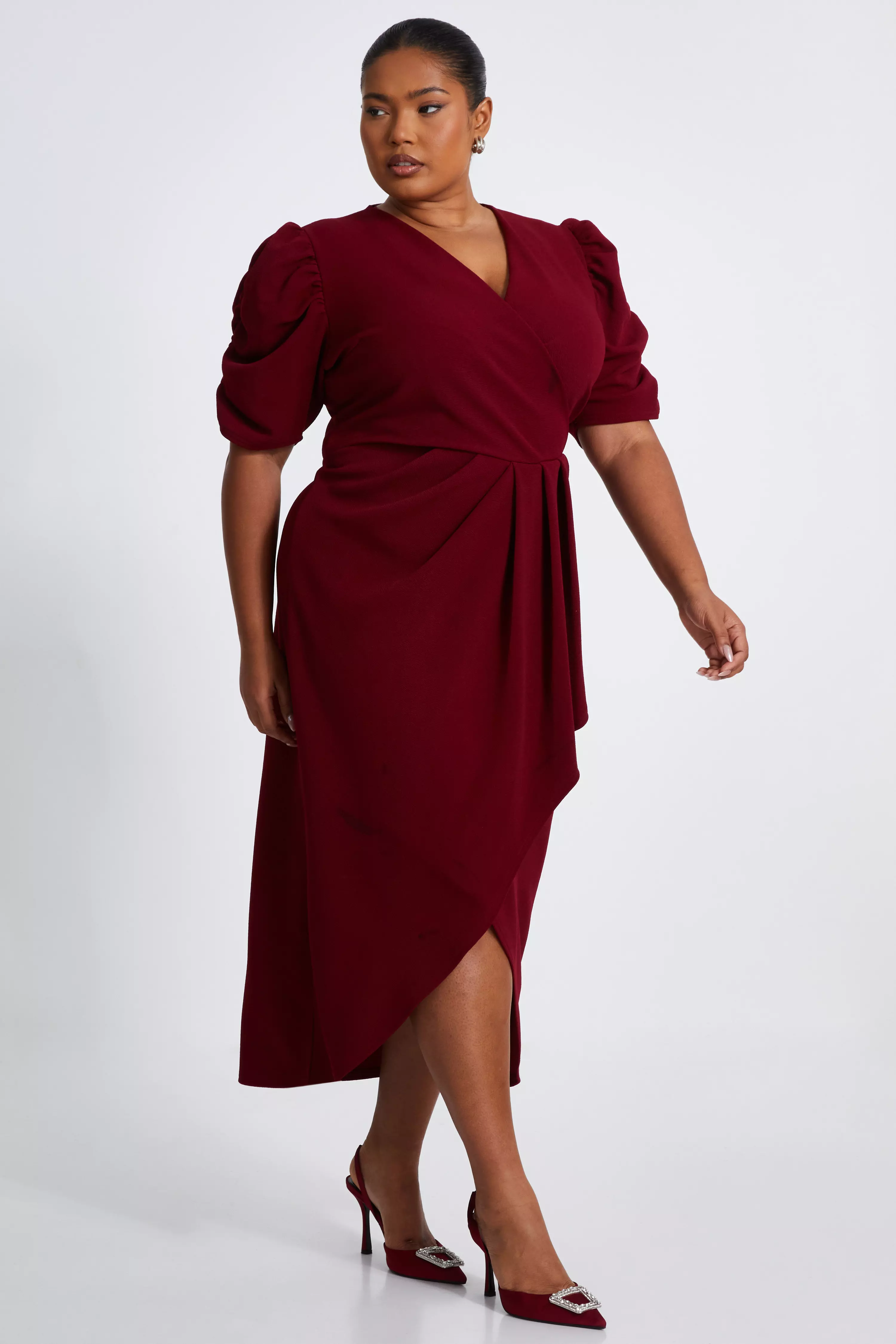 Curve Dark Red Wrap Midi Dress