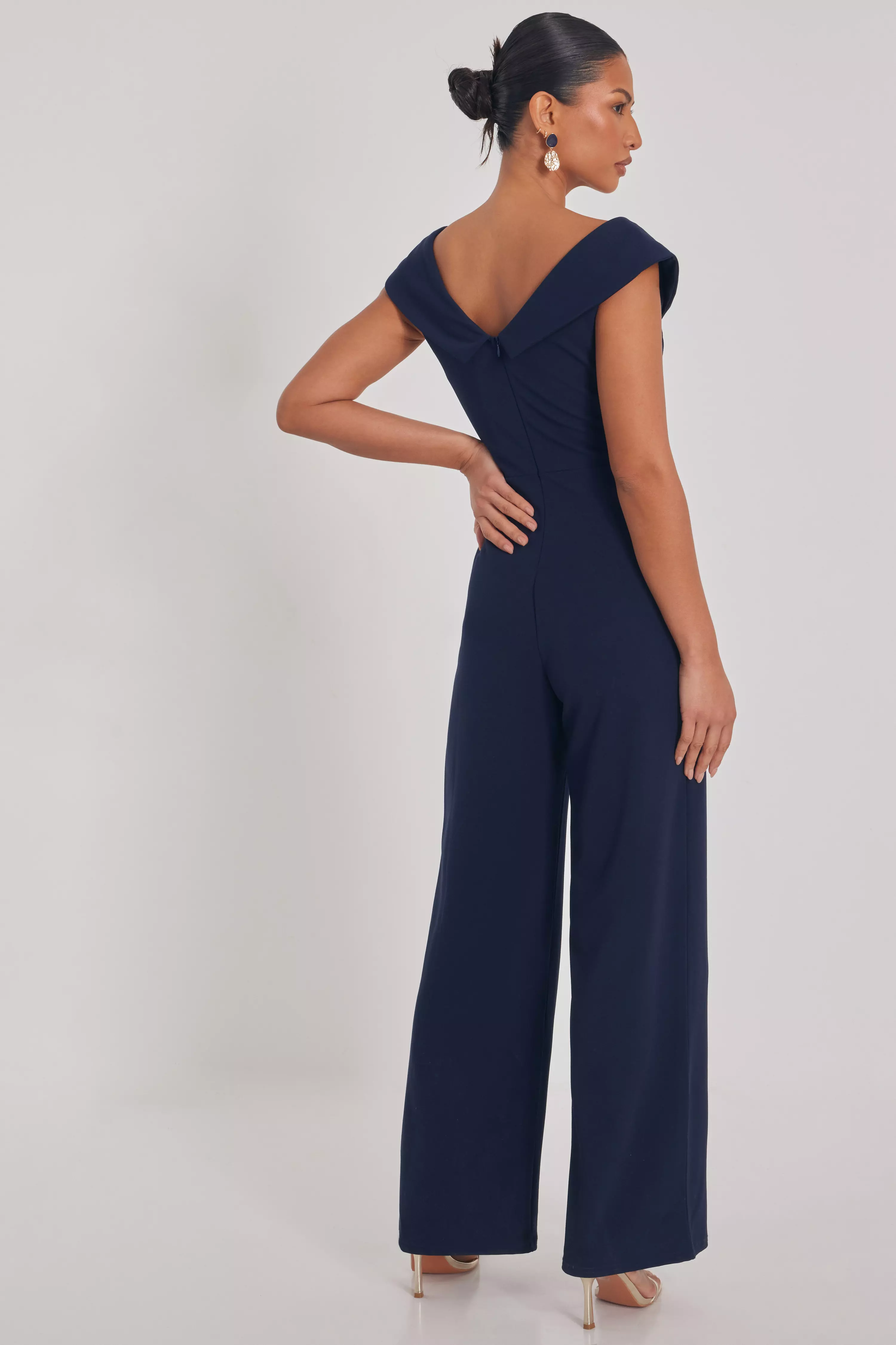 Navy Bardot Wide Leg Jumpsuit