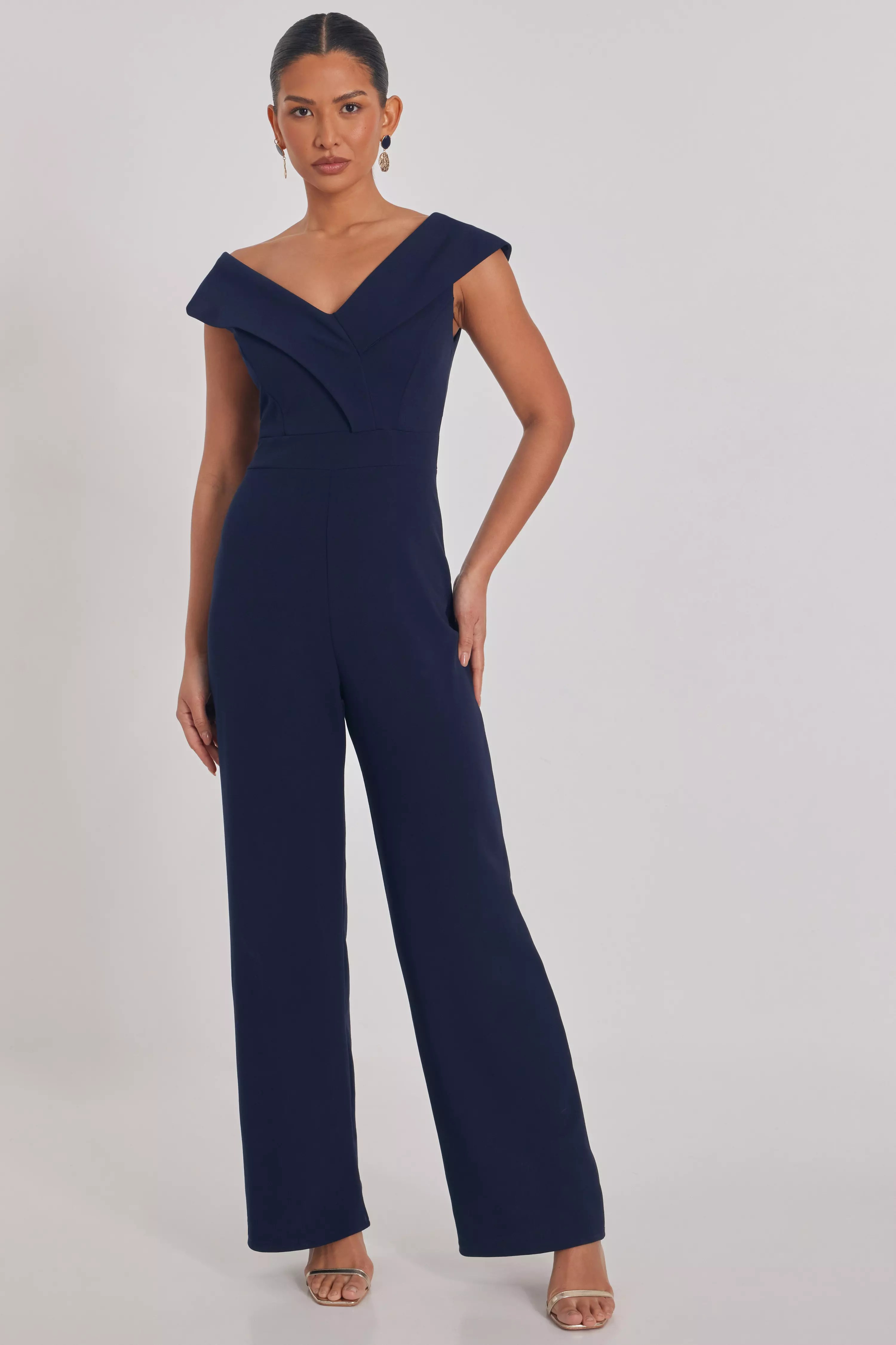 Navy Bardot Wide Leg Jumpsuit