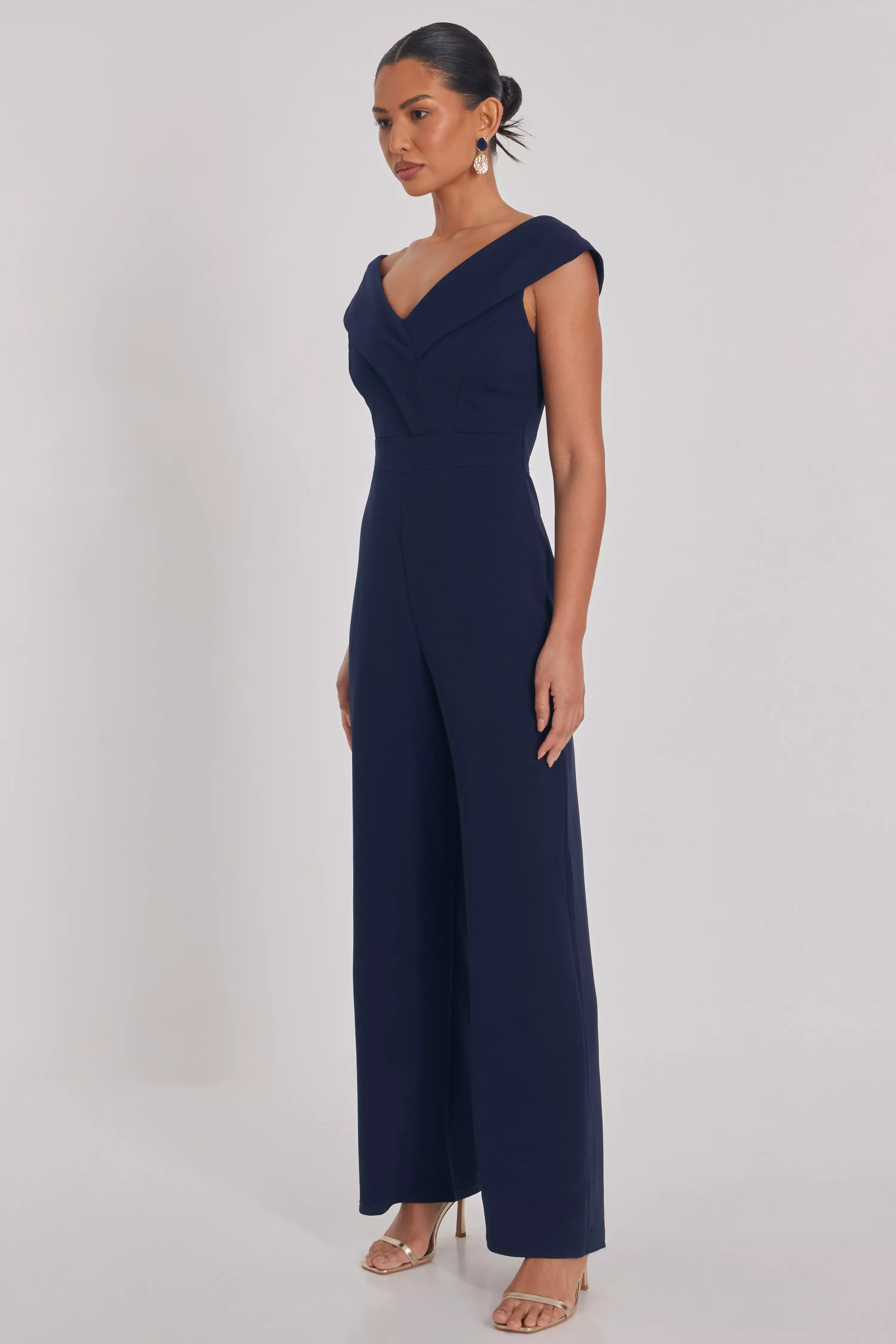 Navy Bardot Wide Leg Jumpsuit
