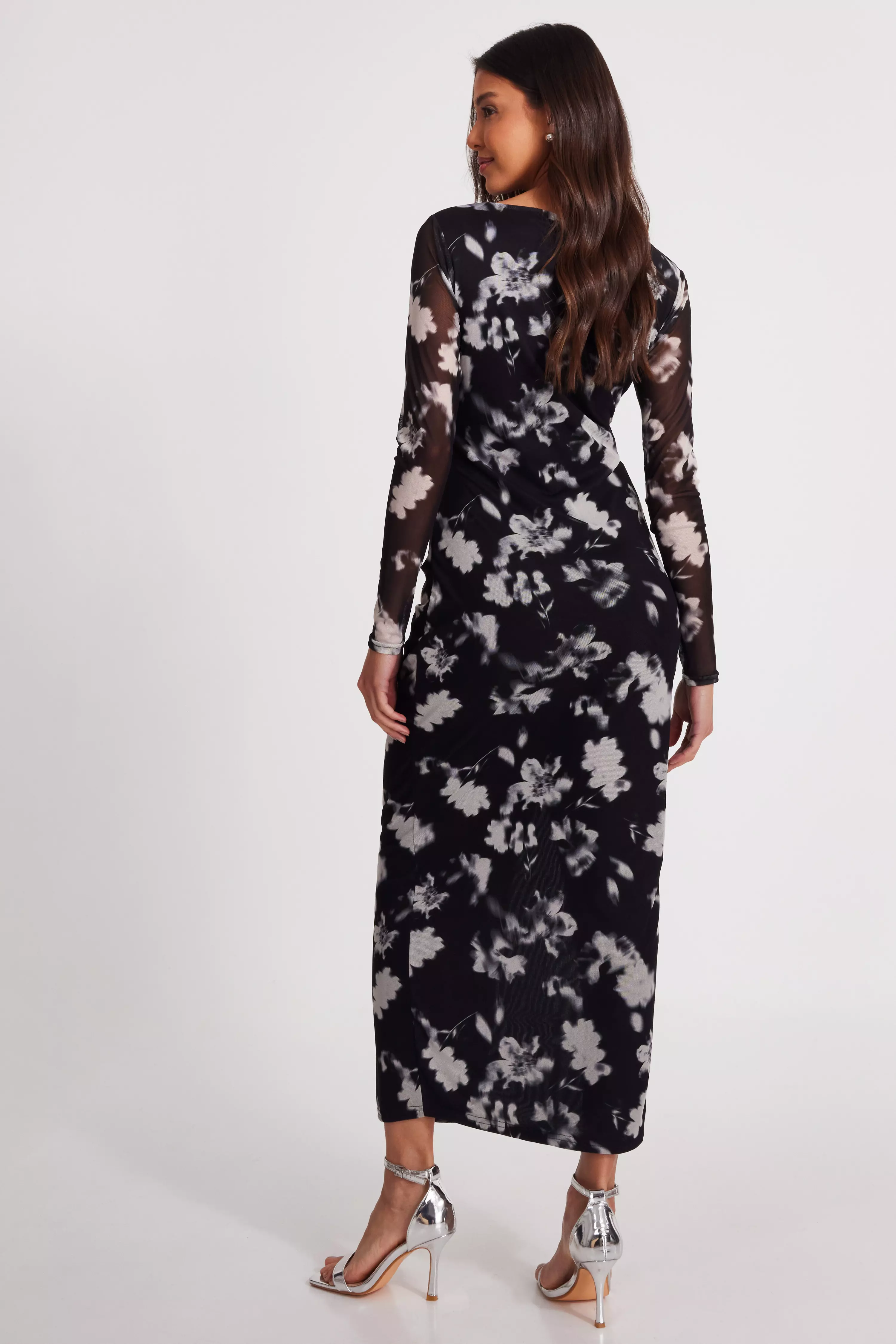 Black Mesh Floral Ruched Midaxi